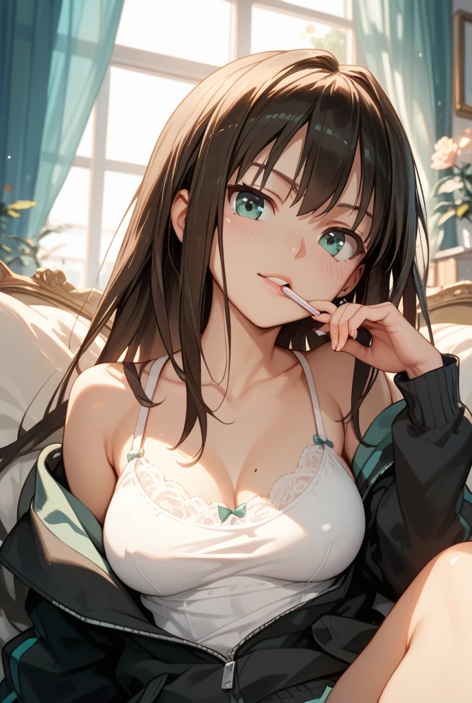 (*****, top-quality, 8K, masterpiece, Top image quality, Hi-Res, super detailing, Ultra HD, best quality, detailed background, (hyper detailed, intricate detail, Detailed hair ++, detailed eyes ++, raytracing, perfect shadow, enhanced eyes), (Delicate and smooth skin, real looking skin, Perfect and beautiful face ,Perfect and cute face, high detail skin, Perfect limbs)), girl , belt buckle , black choker , blush , brown hair , buckle , cleavage , closed eyes , collarbone , fingernails , flying sweatdrops , indoors , medium breasts , nail polish , nose blush , off-shoulder dress , holding pocky in mouth , pocky kiss , pov from above, view from above, pov hands , sitting on sofa, trembling , waiting for kiss , white dress , eyes closed, breasts together, hands on thighs