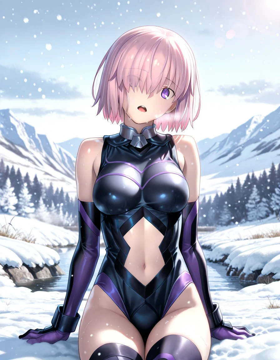 (masterpiece, best quality, ultra detailed, absurdres)1.5, 1girl, (sexy, beautiful woman, perfect face, perfect eyes, perfect female body, huge breasts)1.5, (shielder, <lora:Shielder (Mash Kyrielight) Cosplay:0.8>, short hair, pink hair, hair over one eye), (standing inside an open field, mountains in background), perfect lighting, smooth, hdr