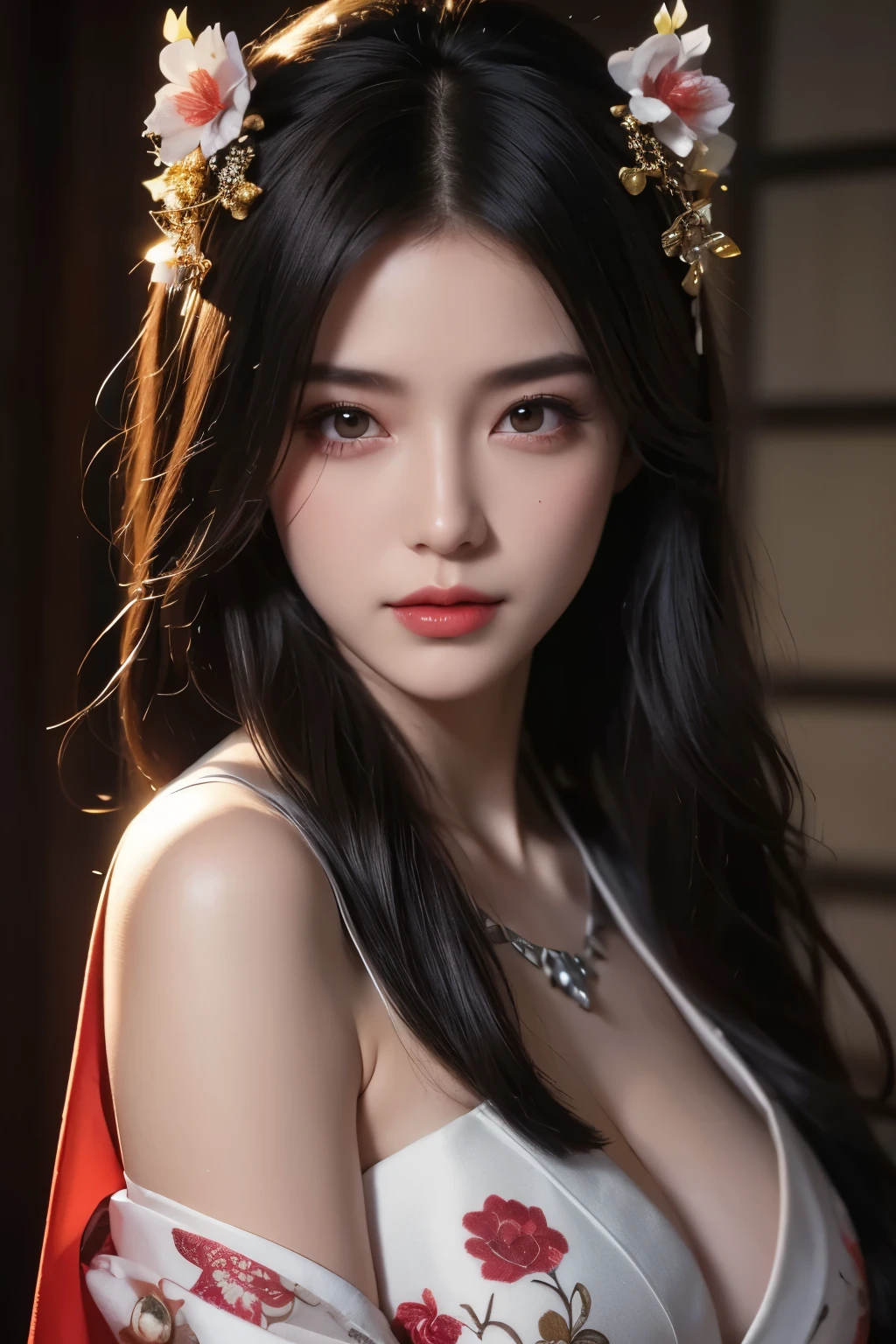 High-quality work,Realistic works,Super premium graphics,8K HD CG works,high quality graphics,High-definition and exquisite CG works,10x pixels,Ultra-fine details:1.1,Advanced technical details:1.1Realistic photo effects,Interior lighting effects:1.5,natural soft light:1.5. Light effect(Virtual light effects:1.8),ultra high resolution,shining dress,sliver long hair,silber hair,transparenthair,high detailed hair(Quality hair details:1.1)Clear eyes,Double eyelids look good,Sharp eye makeup, Create exquisite eyelash makeup, tthin eyebrows, Ultra-detailed eyes,a tall nose, lovely red lips, rosey cheeks, With delicate makeup on her face , pretty face, The face shape is perfectly proportioned,(Advanced facial details:1.1)A stunning anime villainess with long black hair and crimson eyes stands at the top of a moonlit tower, her flowing kimono blending dark elegance with delicate floral patterns. A calm, sly smile plays on her lips as she gazes down at the quiet city below. She’s not evil for power—she’s driven by a twisted sense of justice and past betrayal. Her voice is soft, but every word cuts deep. She manipulates with charm, battles with grace, and her presence leaves everyone torn between fear and fascination. A classic villain you hate to love—and love to fear.
Women's artwork,Dress full body video,Realism,Amazing Cleavage,My eyes are very bright today