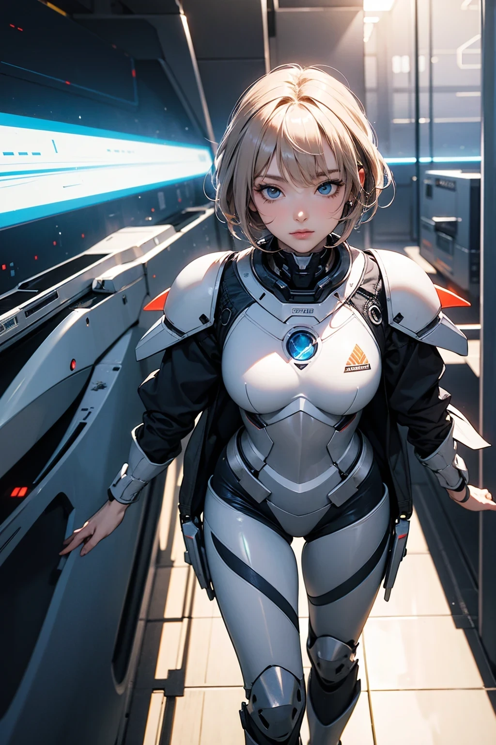 complex 3d render ultra detailed (view from waist up:1.5) of a beautiful porcelain young slim fit cyborg young woman with short brown hair, (toned abs),looking at viewer, (cyborg:1.3),((blue|red lights) and (carbon fibre|white robotic) parts:1.3), 150mm, masterpiece, luxurious cyberpunk, hyperrealistic, anatomical, facial muscles, octane render, elegant, (detailed face and eyes:1.2), detailed skin, (colorful), face focus, smirk, indoors, petite, facing viewer, window with space station background, beautiful studio soft light, rim light, vibrant details, peach eyes, absurdres, highres, 8k, CG ,unity ,wallpaper, (realistic, photo-realistic:1.37), cool silver