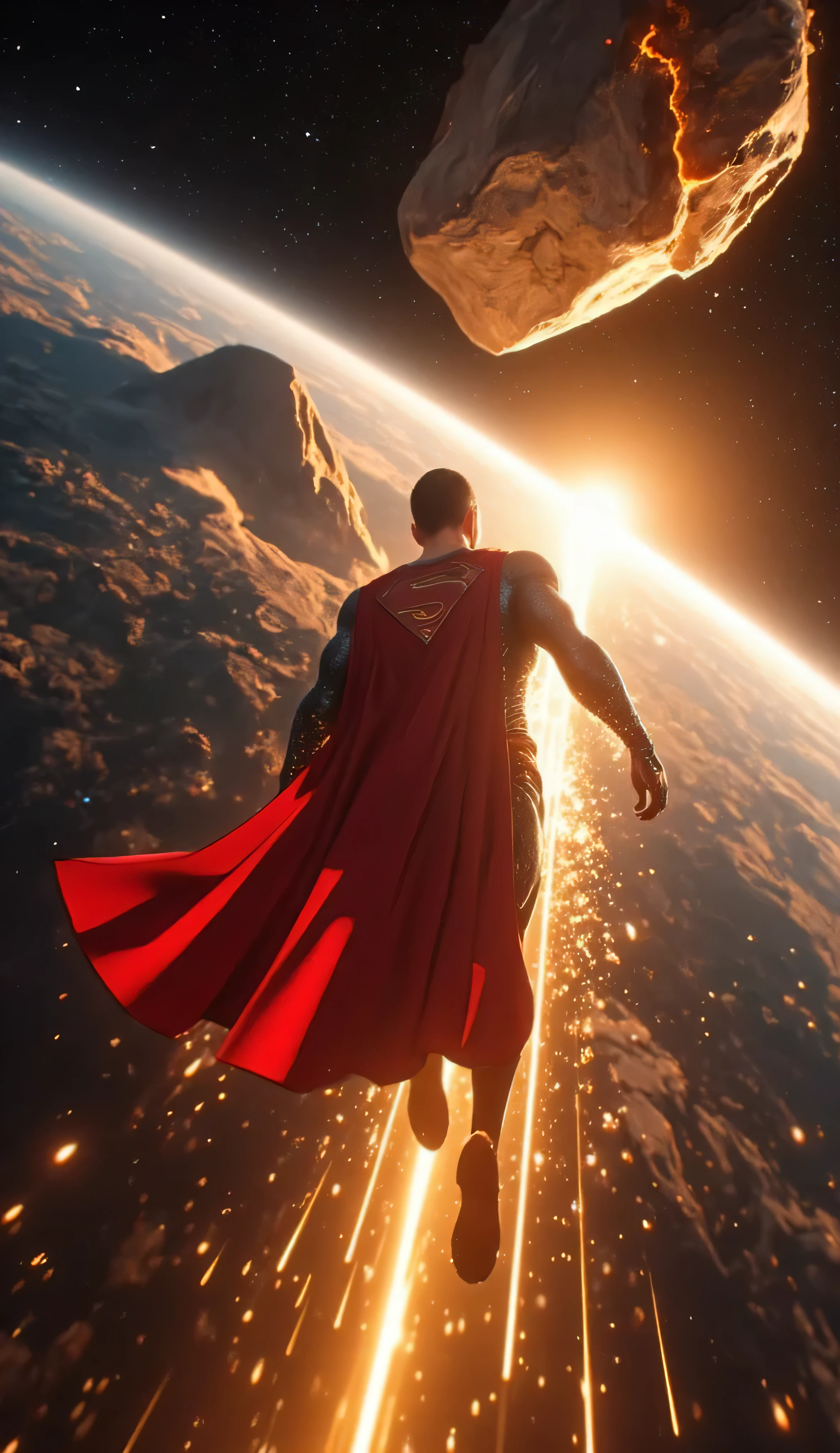 A hyper-realistic, ultra-detailed 8K cinematic scene. The camera is positioned behind Superman, capturing a full-body rear view as he propels forward through the vacuum of space at incredible speed.
Superman’s red cape streams backward with fierce motion, and a golden aura surrounds his battle-worn body — glowing faintly but intensely, pulsing with energy. Sparks of light flicker off the aura, tracing his trajectory.
Ahead of him in the far distance is a massive, menacing asteroid hurtling toward Earth. The asteroid is jagged, glowing with fiery cracks, and leaving a smoky trail behind it as it barrels through space.
The Earth is faintly visible in the background, partially lit by the sun. Stars and cosmic dust fill the void. The scene captures Superman mid-flight — a determined, godlike figure rocketing toward the incoming threat.
The angle emphasizes scale and urgency, with Superman small in the frame at first but radiating focus and power as he closes the distance.