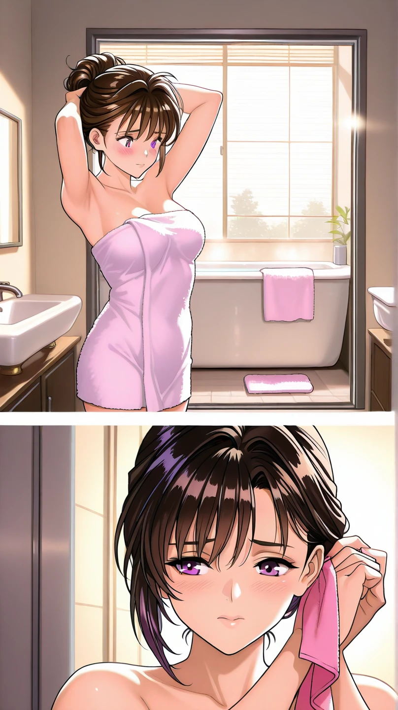 、(masterpiece、Highest quality)、Highest quality, Ultra-high resolution, (((masterpiece))), alone, Sweat、Big eyes, Composition from the front、Shortcuts、Embarrassed face、Bronze colored hair、Cut the back hair short、Bathroom、Shower scene、 Expose、Completely naked、pubic hair、belly button、Large areola、Nipples、short hair