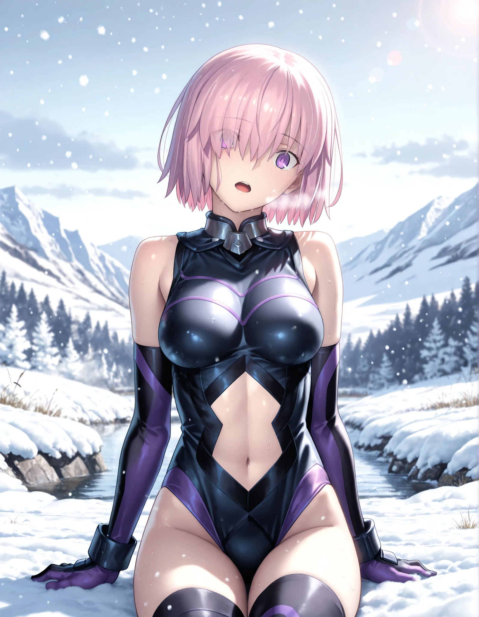 masterpiece, , absurdres, highres, detailed background, high resolution, masterpiece, necessary, detail, best quality, quality, necessary, details, High details, Precise, dark, outdoors, (fjord in antarctica, SIGMA 24mm F1.4, artstation, deviantart, impressive, scene, composition, lighting), lens flare, blurry background, (snow, blizzard) ,river,
girl, detailed, mash kyrielight , Takeuchi Takashi (type-moon,fate) style, takeuchi takashi style, sitting, yokozuwari, cowboy shot,(look stupefied,),
girl, mature, 1girl, mash kyrielight,(fgo), bob cut hair, purple eyes, pink hair, hair over one eye, pale skin, shiny skin, heavy breath,
gloves, bare shoulders, elbow gloves, black leotard, black clothes ,looking at viewer, medium breast, light open mouth, ((head tilt, upturned eyes)), ,