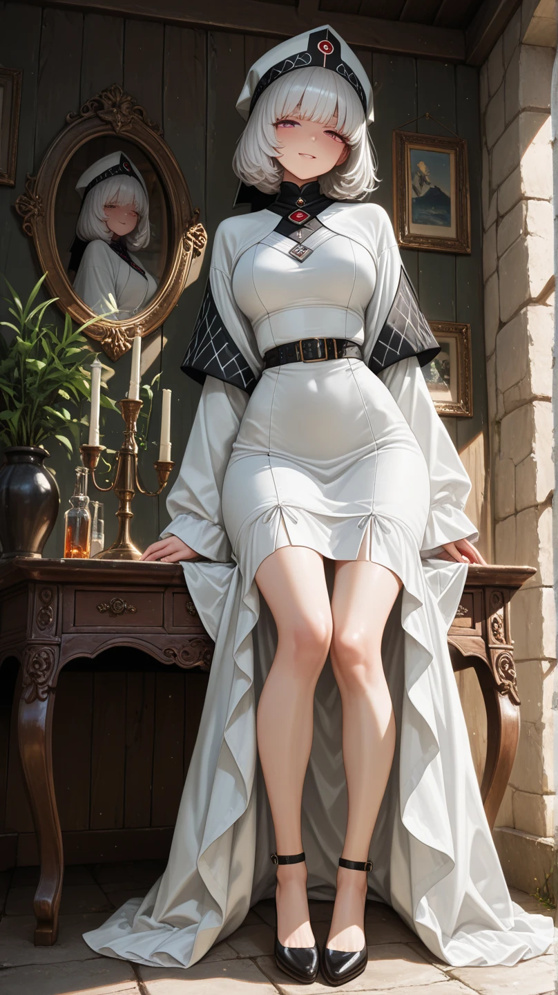 (((((middle age woman))))), masterpiece, ultra detailed, 8k portrait, RAW photo, portrait photography, highly detailed face, ((Fantasy)), 1 woman, (((short woman))), (((sorcerer))), (((((nervous expression))))), (((spread legs and standing))), (((white panties))), (((((stained panties, pee stain))))), (((((pussy juice))))), (((Error-filled face))), 33 years old, (((slutty woman))), (((((pee odor))))), (((bad smell))), (((blacked small eyes))), (((long straight black hair))), (((low ponytail))), (((hide face with long sideburns))), large earrings, (((white skin color))), (((((Dull blue ultra fit puffy sleeve one-piece dress and micro flare skirt))))), chest pocket, (((black silk cloak))), (((little waist hip pouch))), (((leather boots))))), (((equip a long wood rod))), Midday Sun, hyper realistic, ((((flat chest)))), (((thick thighs))), Long legs, in the medieval adventurer's guild, Ambient lighting, Shadow details , Camera focus on thigh, strong breeze, Light fog