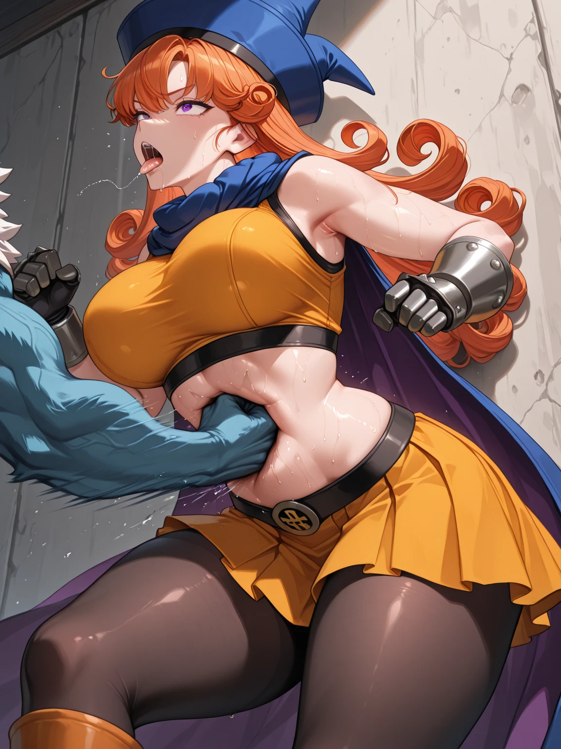 masterpiece,Sexy, Superheroine, Red hair, long hair, busty, ((blue highleg leotard with a t-back thong and a gold star insignia on chest)), gold boots, gold gloves, curvy, ((cleavage cutout)), anime, ????, ((doggy-style)), cumshot, exposed breasts, ???