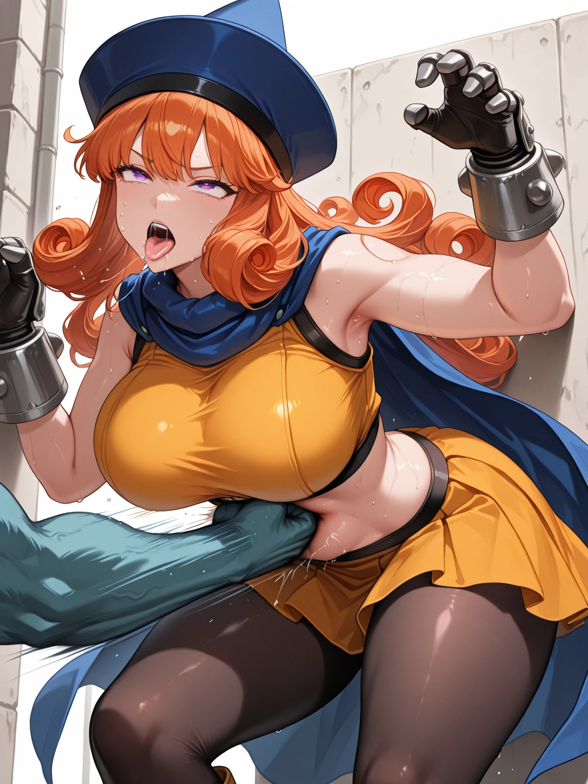 masterpiece,y, Superheroine, Red hair, long hair, bus(blue highleg leotard with a t-back thong and a gold star insignia on chest)), gold boots, gold gloves, curvy, ((cleavage), anime, rape, doggy-stylhegao