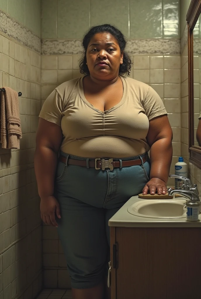 An elderly black woman. With 70, with a suffering facial expression and strong features containing a large nose and thick eyebrows, with an obese body weighing 60 kilos, 167 centimeters tall, thick legs and very large breasts with size 48 and saggy, with long black hair. She is wearing nude, prescription glasses and flip flops. She is seen in full body standing next to a bed in a humble room at night with the lighting dimmed.
