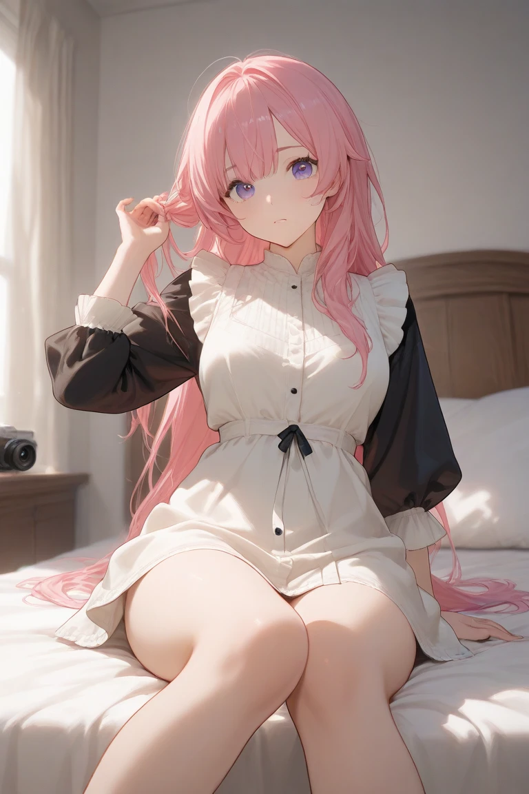 :< , sitting, bed, <lora:Branch (blackrabbits):1> style3  <lora:inui_sajuna:0.7> ccsajuna,pink eyes,purple eyes,pink hair,long hair,hair between eyes,bangs,collarbone,shirt,white shirt,oversized clothes,short sleeves,barefoot,, ultra detailed, masterpiece, best quality, aesthetic, detailed,