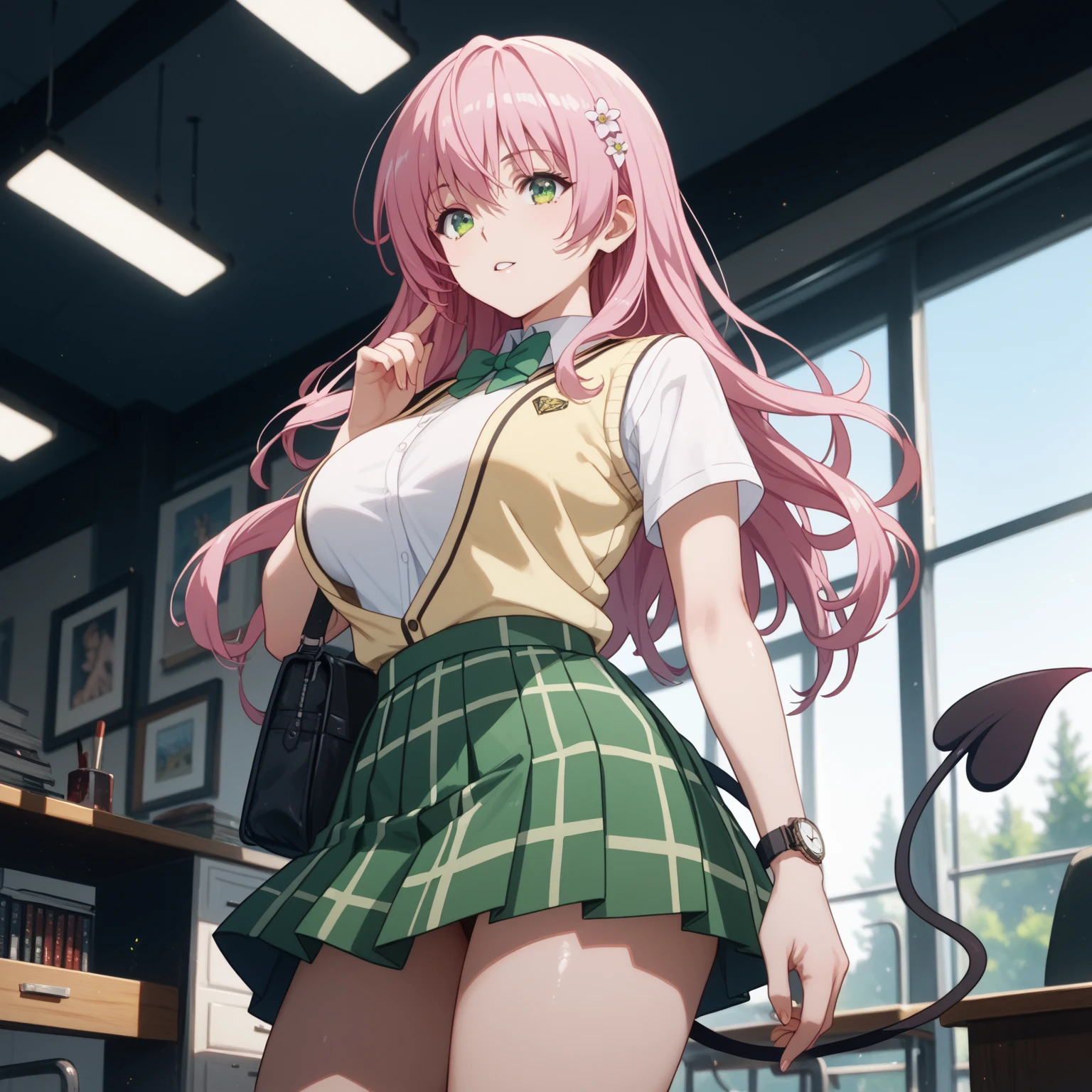 highest quality, 8k, best image quality, anime, comics, one girl, pink hair, long hair, green eyes, looking at the viewer, official artwork, 詳細なanime原画, complete art, full body shot, young face, slender body shape, double eyelid, Whitening skin, giggle, pink cheeks, green plaid short skirt, white shirt, beige cardigan, cute underwear, dig into underwear, looking up from below, School classroom, devil&#39;s tail, devil&#39;s tail, show panties, camel toe, big breasts, School, (from below:1.3), devil&#39;s tail, devil&#39;s tail, white round hairpin