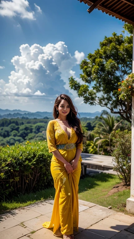 Half-length glamour portrait, nikon D850, f1.6 lens, 200mm, DSLR, 22 Megapixels, (((Terrace of villa scene))), shot of a stunning 19 years old korean girl, (smile:1.4), (wearing Yellow Flowy jumpsuit with geometric print, leather belt, and sunglasses:1.6), ((seductive pose)), hot girl, (((big natural breasts))), (((black fringe hair))), (small girl), symmetrical face, photorealistic, photography, (bright natural lighting), gorgeous, deep cleavage, (masterpiece), best quality, high resolution, extremely detailed, cinematic lighting, (((very narrow waist))), rich colors, hyper realistic, lifelike texture, ((jewelry)), (((She has beautiful hands and wears rings))), (bracelet), (necklace), (ankle chain), (nail polish) (earrings), Fuji Superia 200, 8k

