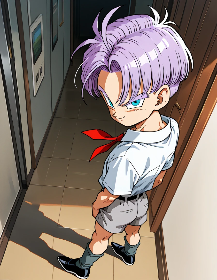 cover, cute expressive face, Trunks (dragon ball)-1 male focus, purple_Trunks (dragon ball)_hair, blue_Trunks (dragon ball)_eyes, looking at viewer, shiny skin, hands in butt, formal white shirt, red school tie, grey school tight shorts, grey knee sock school, black school shoes, naughty smile, flat chest, slim, nice butt, alternative costume, indoors, shadow, dynamic angle, dynamic action, from one side, atmospheric perspective, intricately detailed, depth of field, masterpiece, best quality, amazing quality, very aesthetic, absurd, newest, wide awake