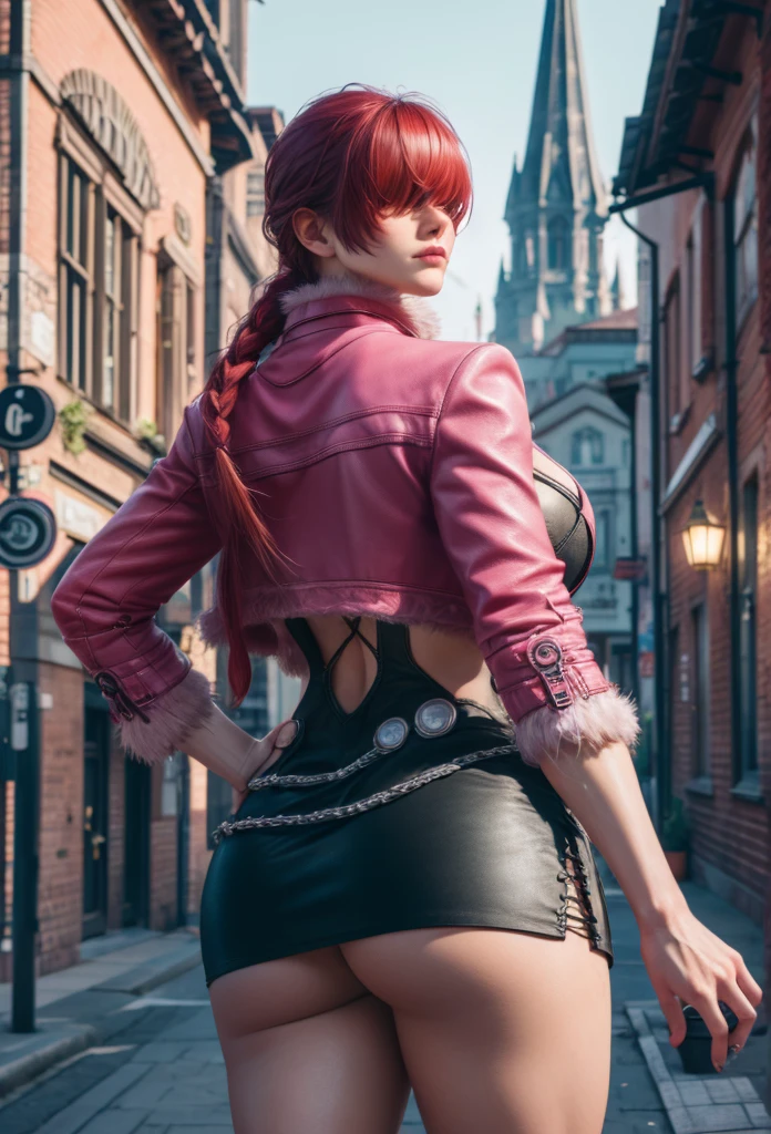 a girl in an old scary mansion, full body, photorealistic, final render, real life, red hair and plaits, cute, freckles, black leather jacket, white tshirt with yellow tongue emoji logo tshirt, cleavage, black fishnets tights, tights, big white boots with buckles, high pink thong straps, high underwear, with a monster backpack rucksack fluffy, radio on belt, walkie talkie, biting her lip, alone, only one girl, cheeky, pink skirt