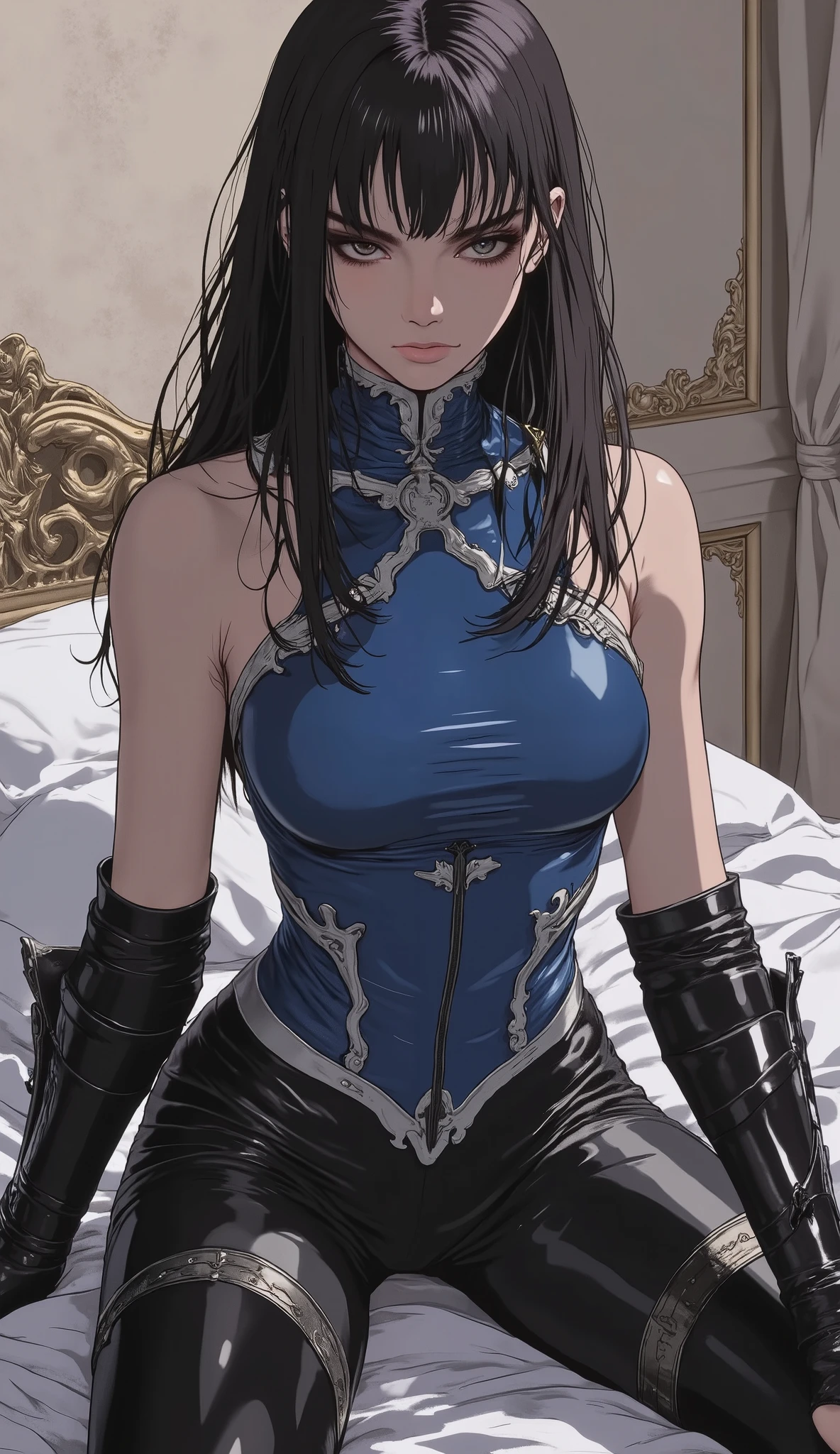 man, masculine, masculine face, attractive, muscular, ((1man)), masterpiece, absurdres, best quality ,intricate details , (shiny skin, shiny body, shiny oily luster skin, shiny hair, pale skintone), Sundown, attractive, ((muscular)), adult, one, tattoo in his chest ,black blouse, earrings, black pants, Don't look at the view , Not looking at the view, blue long hair, perfect detailed face, perfect detailed hands, vampire, blue eyes, ((MLS)), medium large shoot