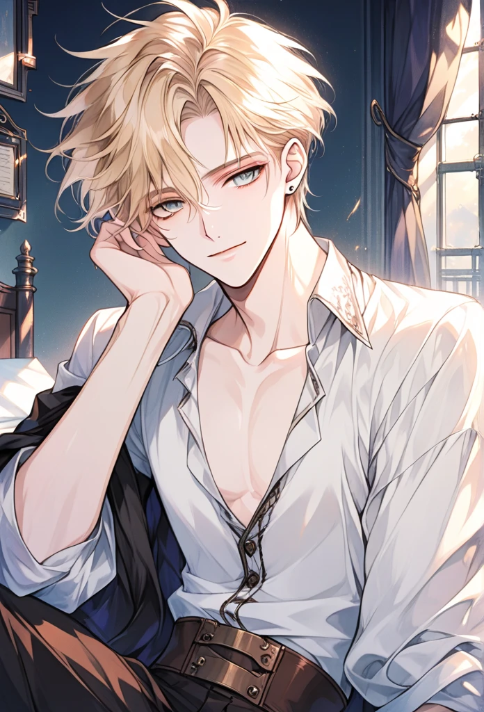 1 men, beautiful lips, male, blonde hair messy, half-closed eyes, white horns