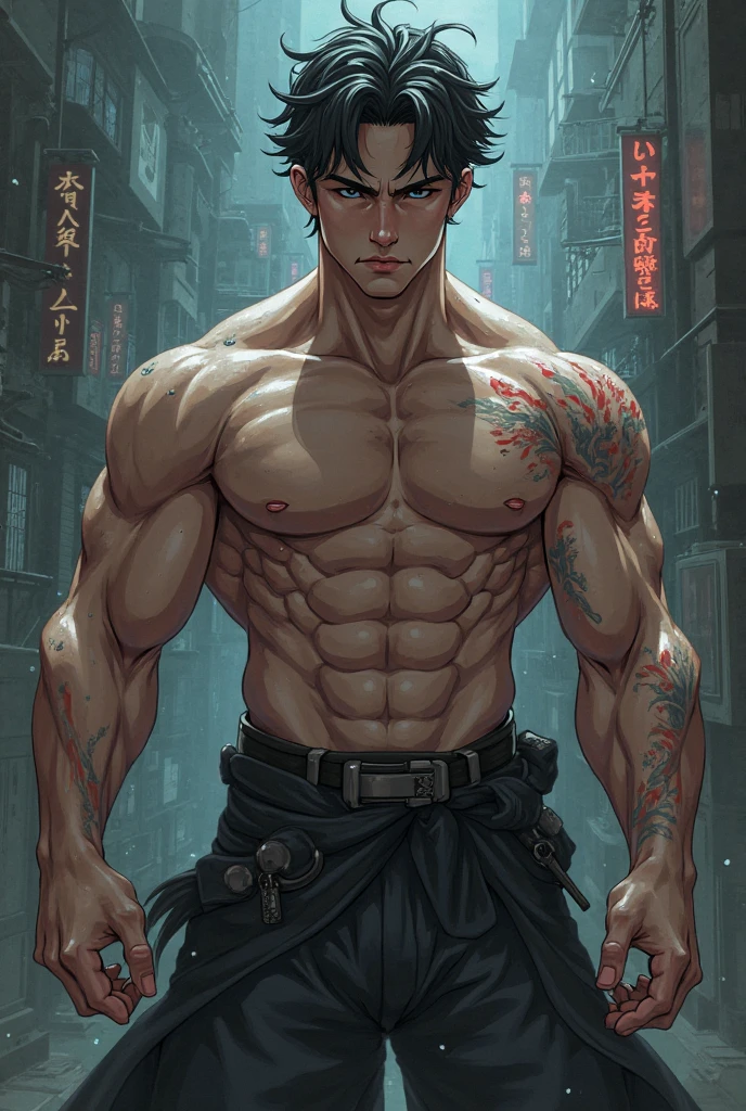 a male, (cracked stone skin:1.4), (intricate details:1.22), hdr, (intricate details, hyperdetailed:1.2), full body, cinematic, intense, film composition, cinematic lighting, (rim lighting:1.3), color classification, cyberpunk city background, baki face the champion, casual clothing