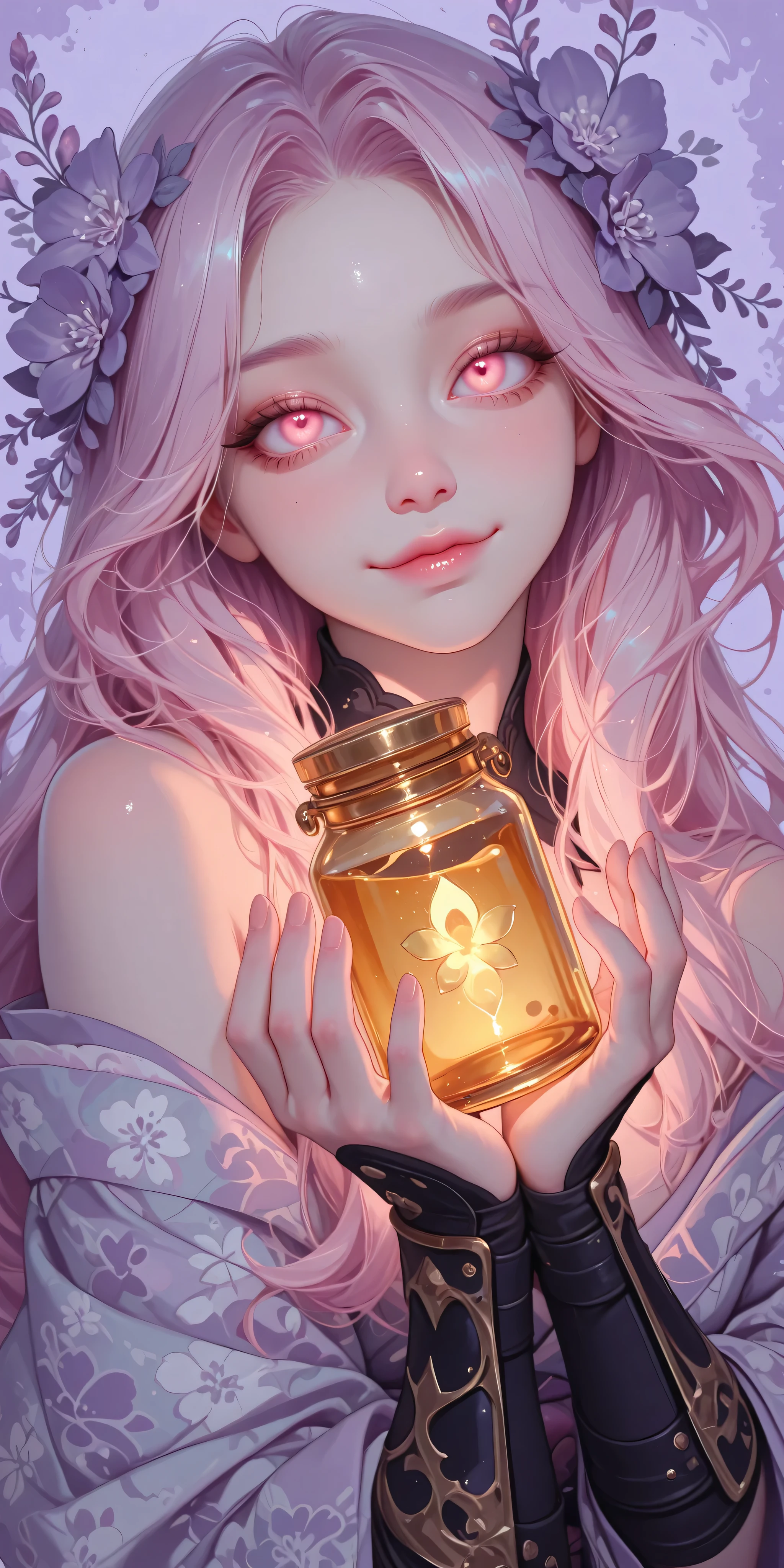 A young woman poses confidently, wearing an ornate lilac kimono with floral patterns and matching arm guards. She holds a big glowing gold honey jar (filled with honey) with both hands, exuding a fierce yet graceful presence. Her long, violet flowing hair cascades down her shoulders, contrasting with the soft purple background. The outfit is detailed, featuring layers and textures that emphasize a traditional yet strong warrior aesthetic.dynamic pose, dynamic angle, tight, thicc, glowing lavender to violet long hair, glowing pink eyes, detailed eyes, close up, pastel color, grayscale, vibrant colors, vibran nude pink lips, more detailed eyes, thin smile