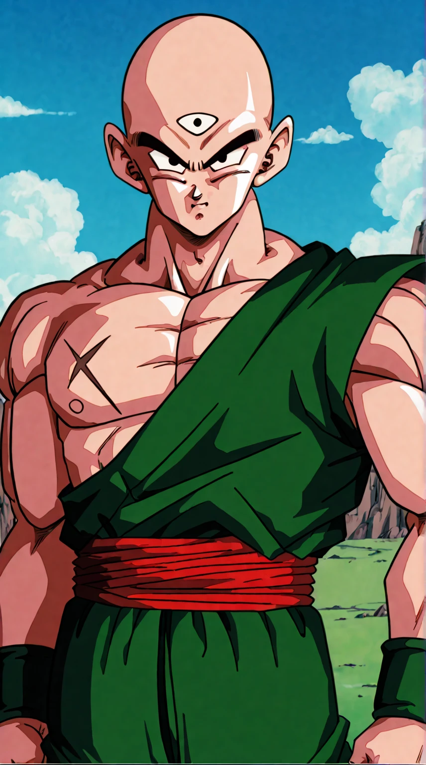 masterpiece, best quality, solo,anime coloring, a cowboy shot of a tien with ((third eye)) and black eyes, green dougi,scar on chest,red sash, green pants, green wristbands, outdoors next to a ring,bald