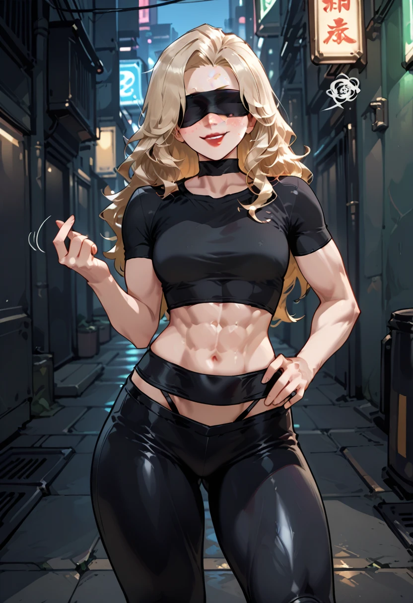 ((Realistic Lighting, Best Quality, 8K, Masterpiece: 1.3)), Focus: 1.2, 1girl, Perfectly shaped Chinese beauty: 1.4, Fine abs: 1.1, ((blonde hair)), (Black latex T-shirt: 1.4), (Outdoor, Night: 1.1), City streets, Super thin face, Thin eyes, Double eyelids, Latex miniskirt, (Black socks over the knee: 1.5) --auto --s2