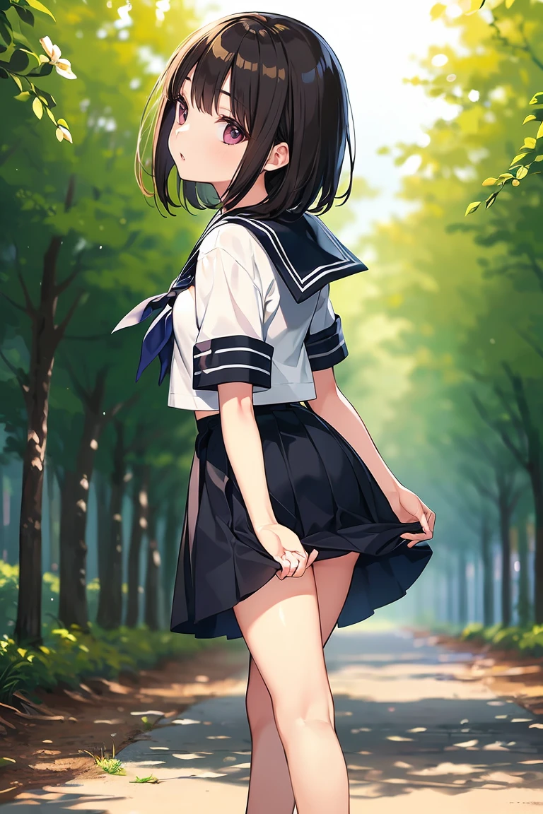 masterpiece, best quality, highres,
MiyuDef, 1girl, solo, orange eyes, brown eyes, black hair, long hair, hairclip, bangs, hair ornament, twintails, low twintails, sidelocks, small breasts, x hair ornament, feather hair ornament,
school uniform, serafuku, seifuku, pleated skirt, skirt, sailor collar, sailor fuku, bow, bowtie, (skirt lift:1.3), pantyhose, panties under pantyhose,
standing, cowboy shot, looking at viewer, outdoors, forest, field, sky, blue sky, sunlight, grass, forest, <lora:LoRA_Miyu:1>