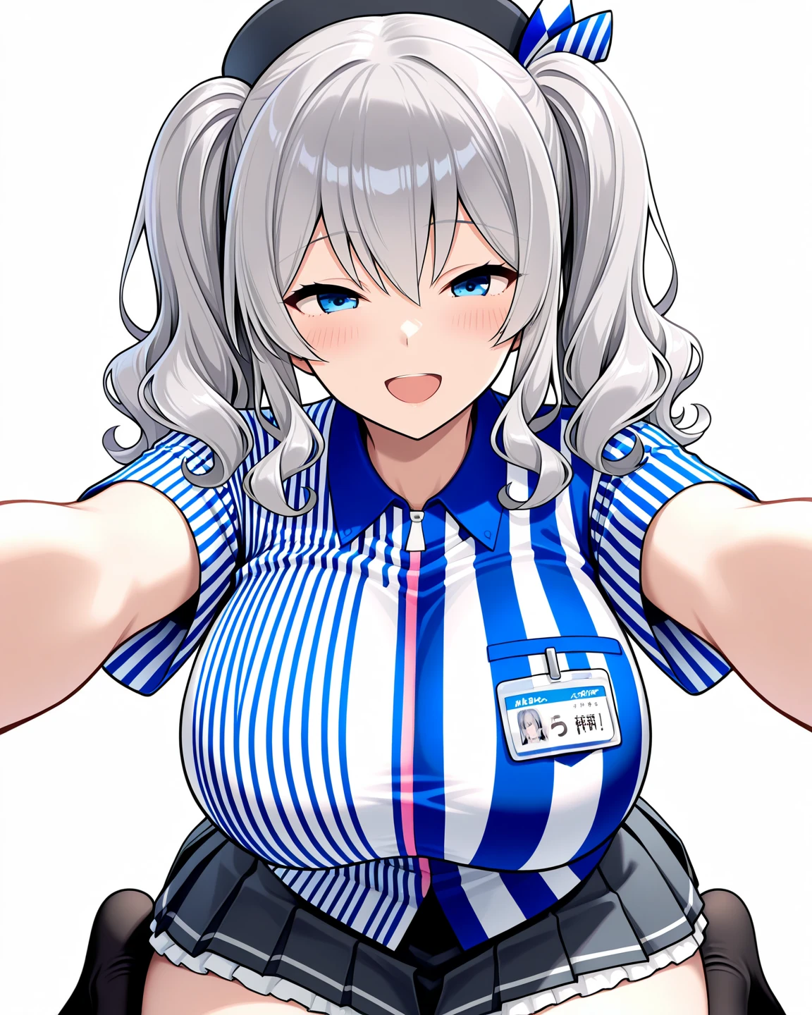 {{kashima (kancolle)}}, blue eyes, medium [[[large]]] breasts, twintails, wavy grey hair,{official alternate costume}, lawson, blue vertical-striped shirt, name tag, black beret, black pleated skirt, black socks, ,simple background, white background, ,1girl, solo, ,cowboy shot,,from front, facing the front, looking at viewer, straight-on, close to viewer,,{{{game cg}}},year 2023,,very aesthetic, best quality, amazing quality, ,curated, illustration, highly detailed,",open mouth,Smile,huge breasts,Curvy,
