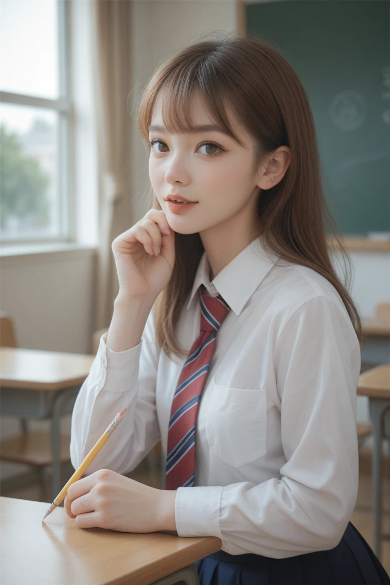 (1girl), (highly detailed face), Amazing face and eyes, (Best Quality:1.4), (Ultra-detailed), (extremely detailed CG unified 8k wallpaper), Highly detailed, High-definition raw color photos, Professional Photography, Realistic portrait, Amazing face and eyes, Pink eyes, (hi-school uniform, pleated mini skirt:1.3), brown hair, model, depth of fields, School, classroom,