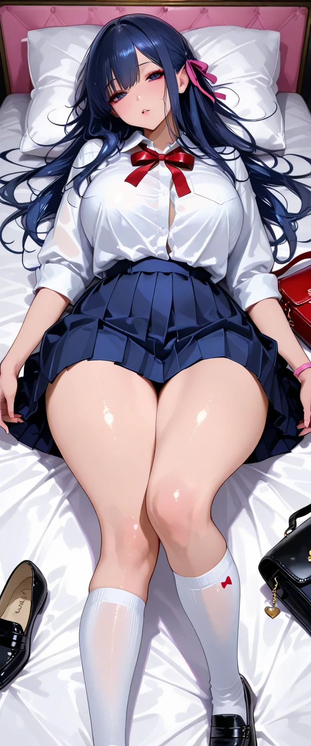 Highest quality,masterpiece,8K,((((1girl)))),((big breasts:1.3)),((orgasm,blush,closed eyes,saliva,saliva trail:1.3)),sweat,takamachi nanoha,((school uniform)),((long hair,straight hair:1.3)),((white shirt,blue skirt,mini skirt,lift skirt,upskirt,white thighhighs:1.1)),pussy juice,bedroom,bed,sleep,lying,on back,open legs,((cumdrip,excessive cum,vagina,spread pussy:1.3))