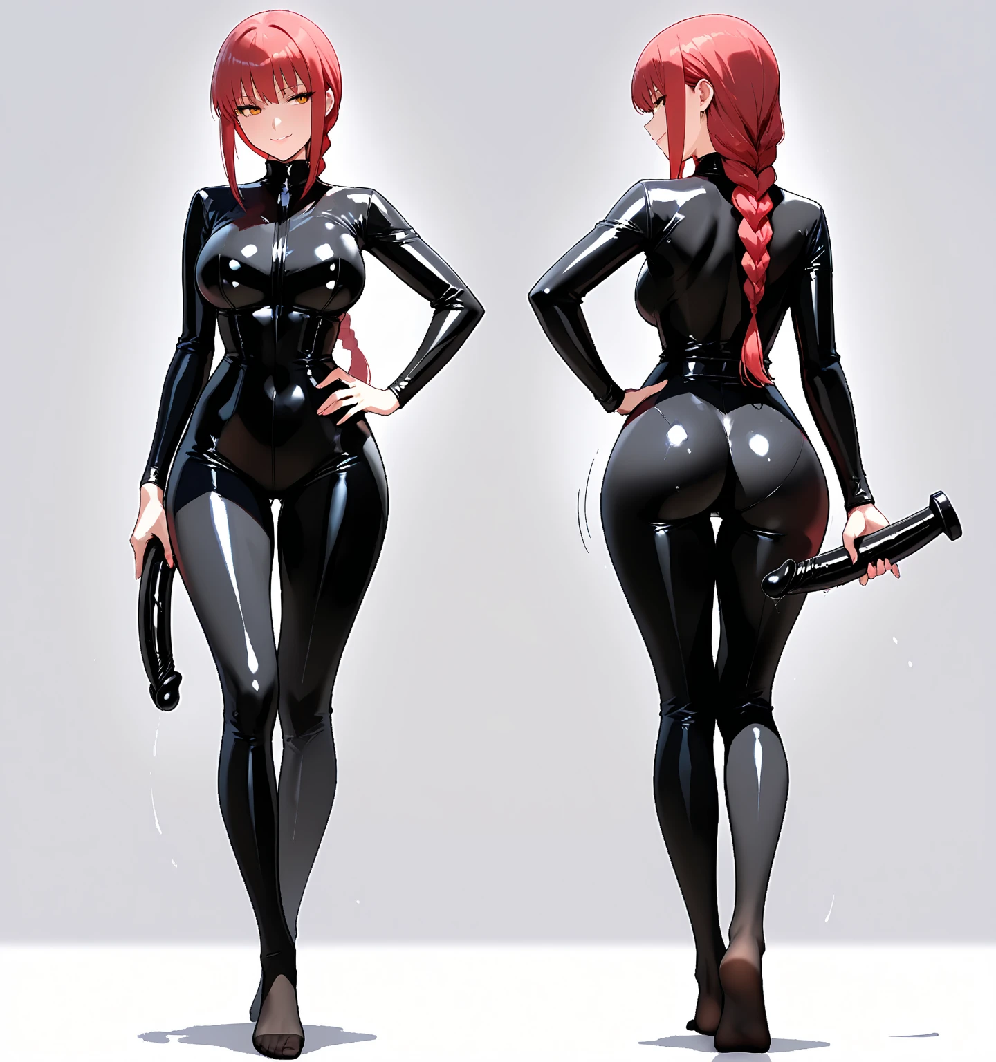 Rias Gremory, huge, big thighs, huge hips, standing on attention, expressionless, bodyguard, slave, latex, black bodysuit, military cap, platform heels, boots, salute, latex gloves