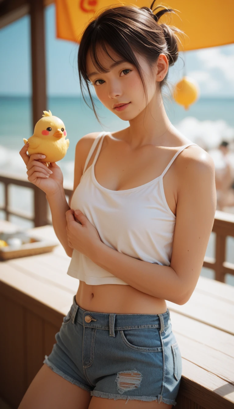 Araffe Japanese model, hyperrealistic, having ice cream next to yellow ducklings on a beach,