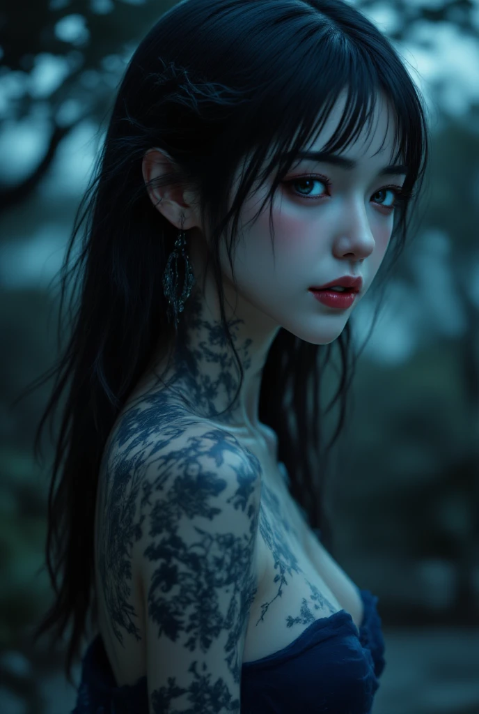 best quality, masterpiece, (realistic:1.2), 1girl, solo, head shot, upper body, (silhouette lighting:1.2), red tribal tattooed, (dark skin:1.2), tribal bikini, face paint, face marker, hourglass figure, forest at dusk, twilight