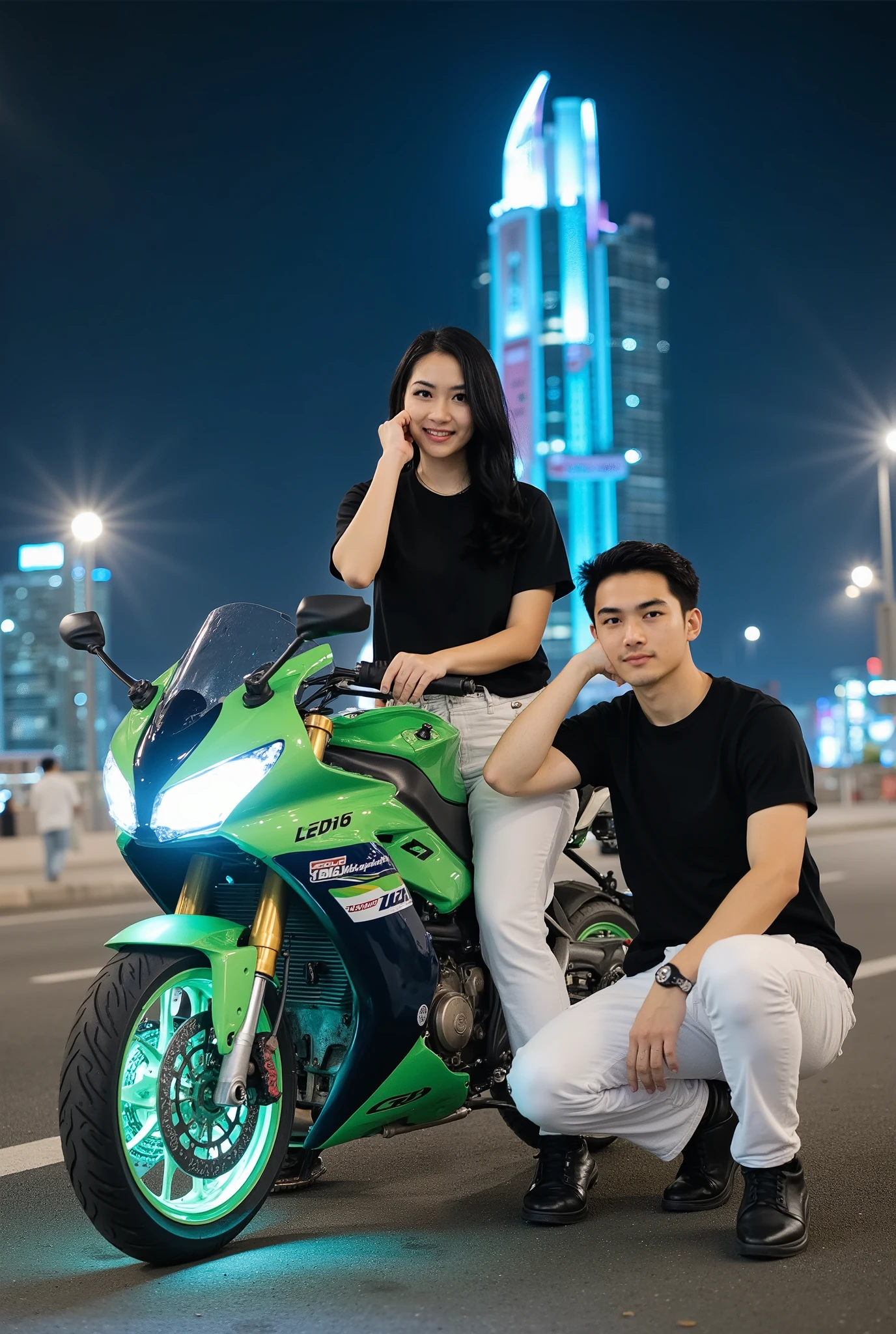 Couple.Beautiful korean girl long hair black wave, wearing a black t-shirt switer faded white jeans black high shoes, sits on a 5000cc CB motorcycle color green color all around the motor body lights futuristic neon colorful colors including the headlights and rear of the engine color gold. Smile to the camera hand to the right cheek alongside Korean guy handsome short hair in the same shirt sitting in a stylish squat on the asphalt under the bike. Midnight highway background seen behind bright tall building futuristic neon colorful city in indonesia