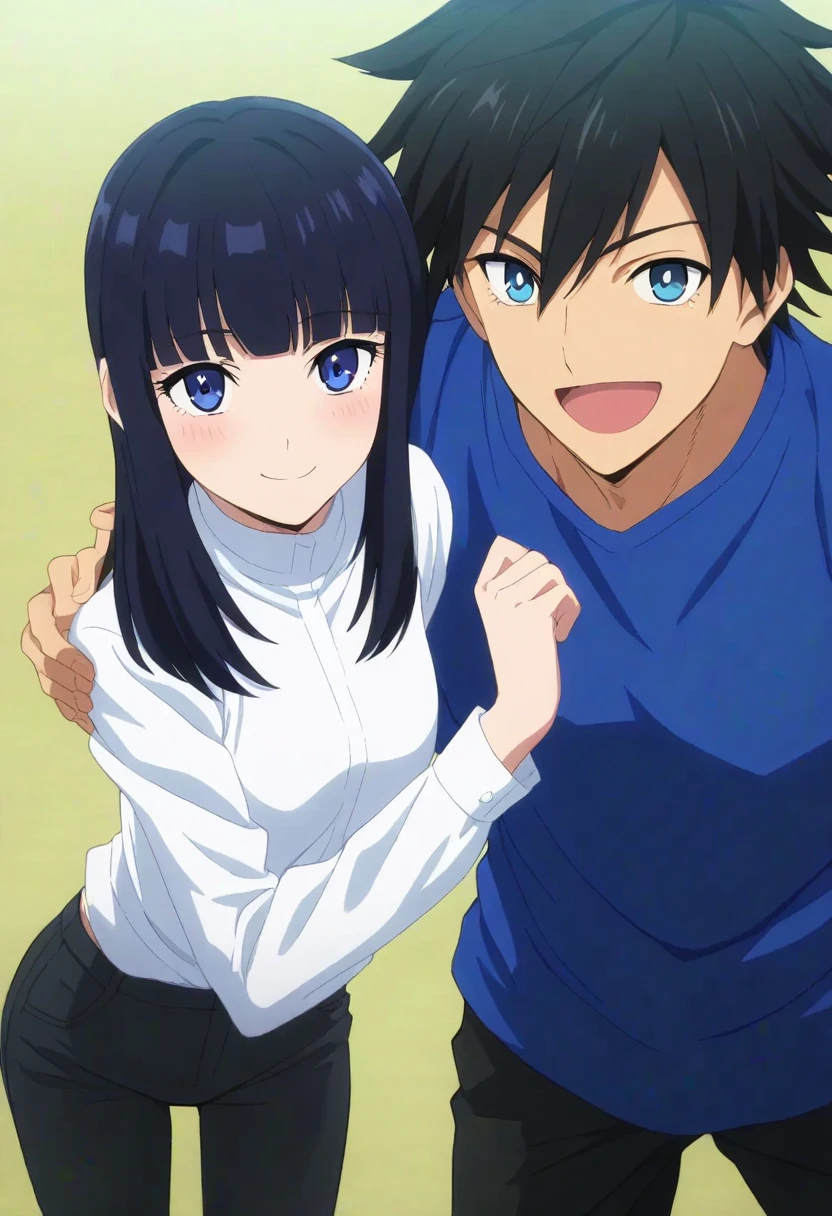 1 man, 1 girl. Man in right with black hair and black eyes with fair skin. Girl in left with tan skin and black medium length hair and black eyes. They both in clouds. ((Blue and purple colouring)) ((Extremely good rendering)) ((Detailed hair))