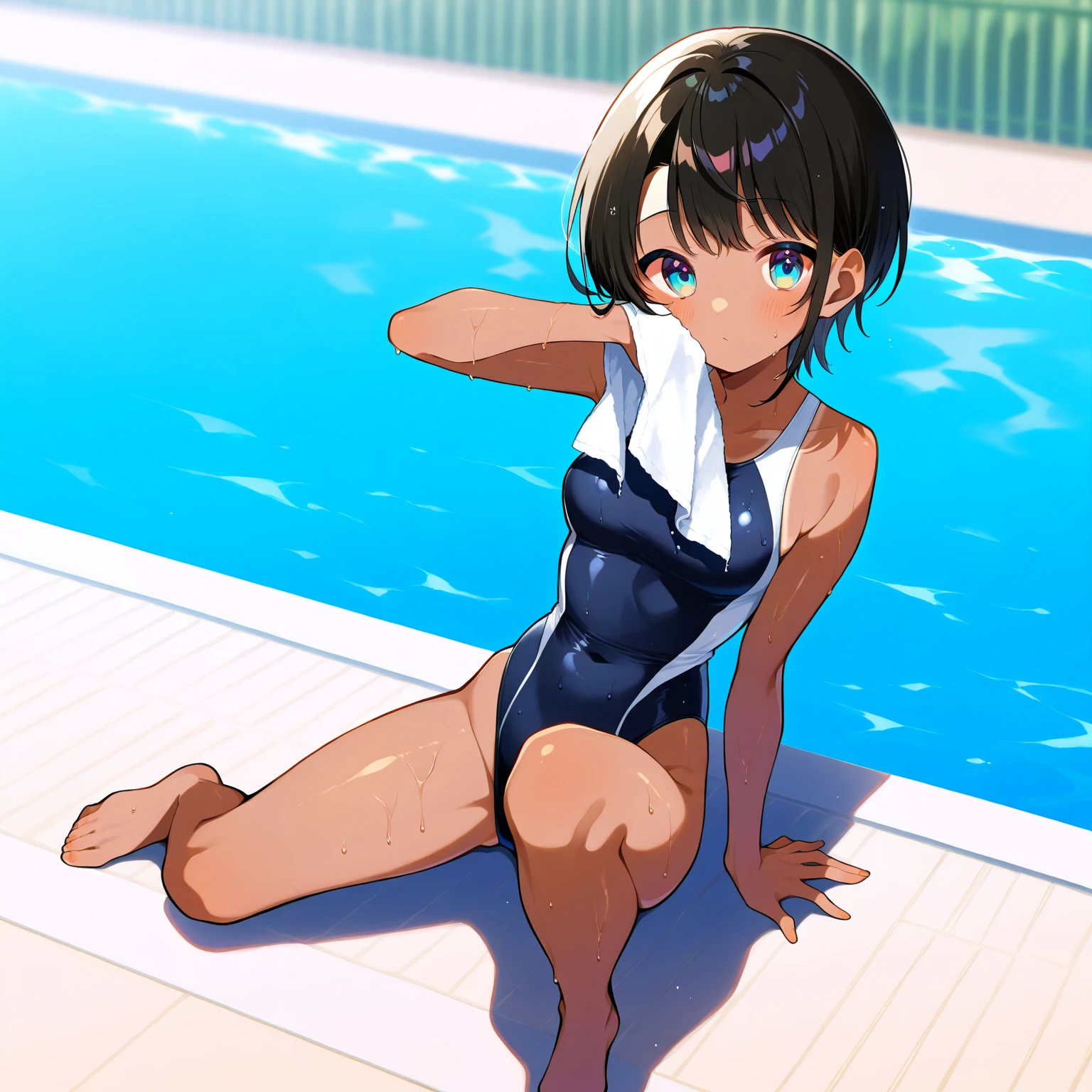 Wet with water, Junior high school student, Sweat, Smile, Black hair, Side ponytail, School swimsuit, Flat chest, Summer, Poolside, Blue sky, White clouds, Showing female genitalia, Provocative, Spread legs, Lewd