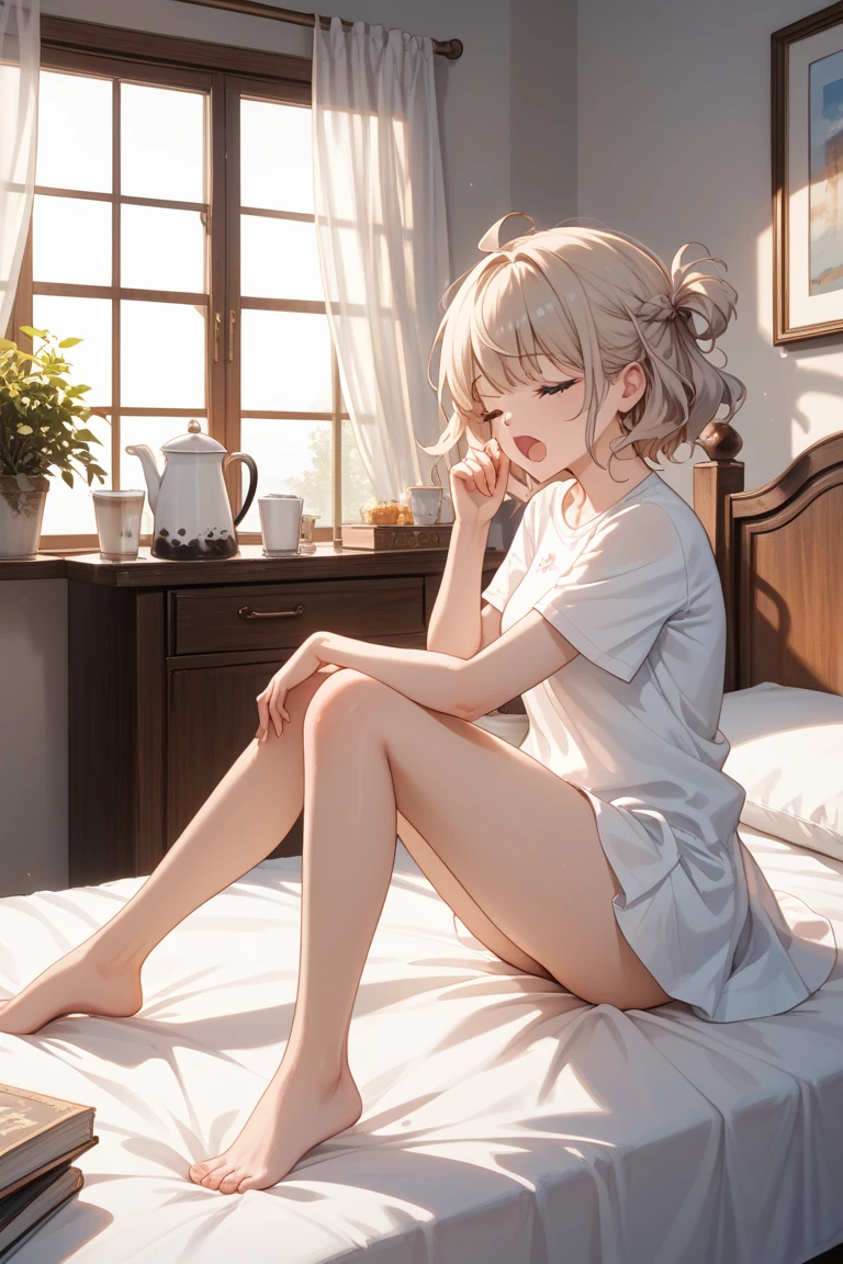 14years,girl with,Masturbation behavior,Drooling,perspiring,One eye is closed,with blush cheeks,M-shaped legs,on the beds,short-hair