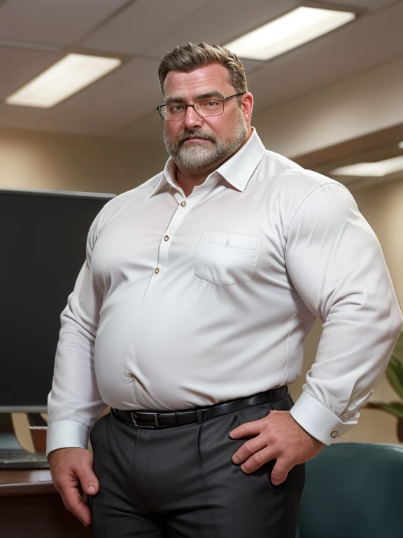 Man 50 years old , daddy , white haire , beard ,hairy , muscled huge pecs , huge torso , huge arms, in military suit with a tie and a jacket , full body