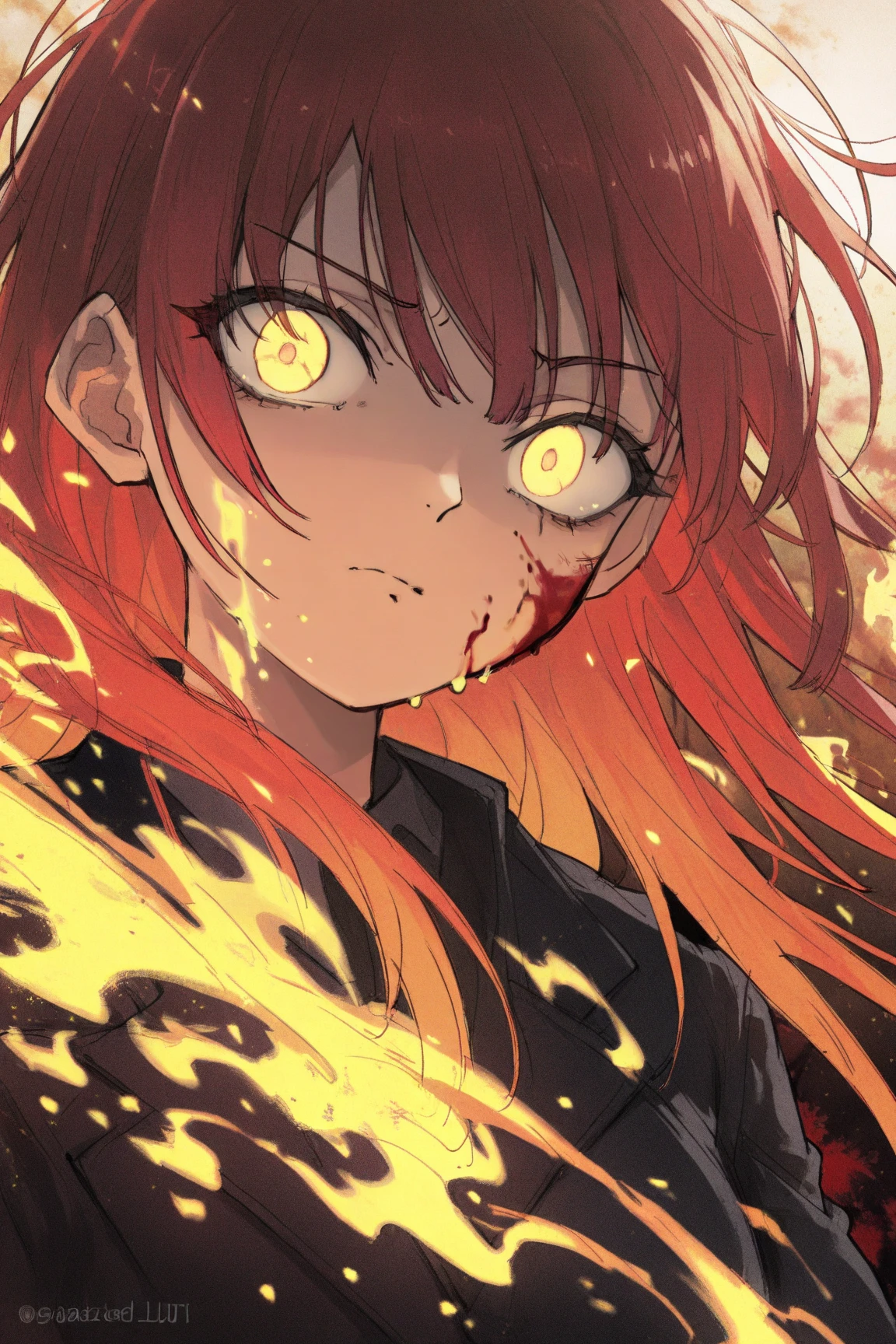 A beautiful anime girl with fire body controlling flaming chains around the place scary smile and red sun eyes fire hair chains covering her breasts and vagina
