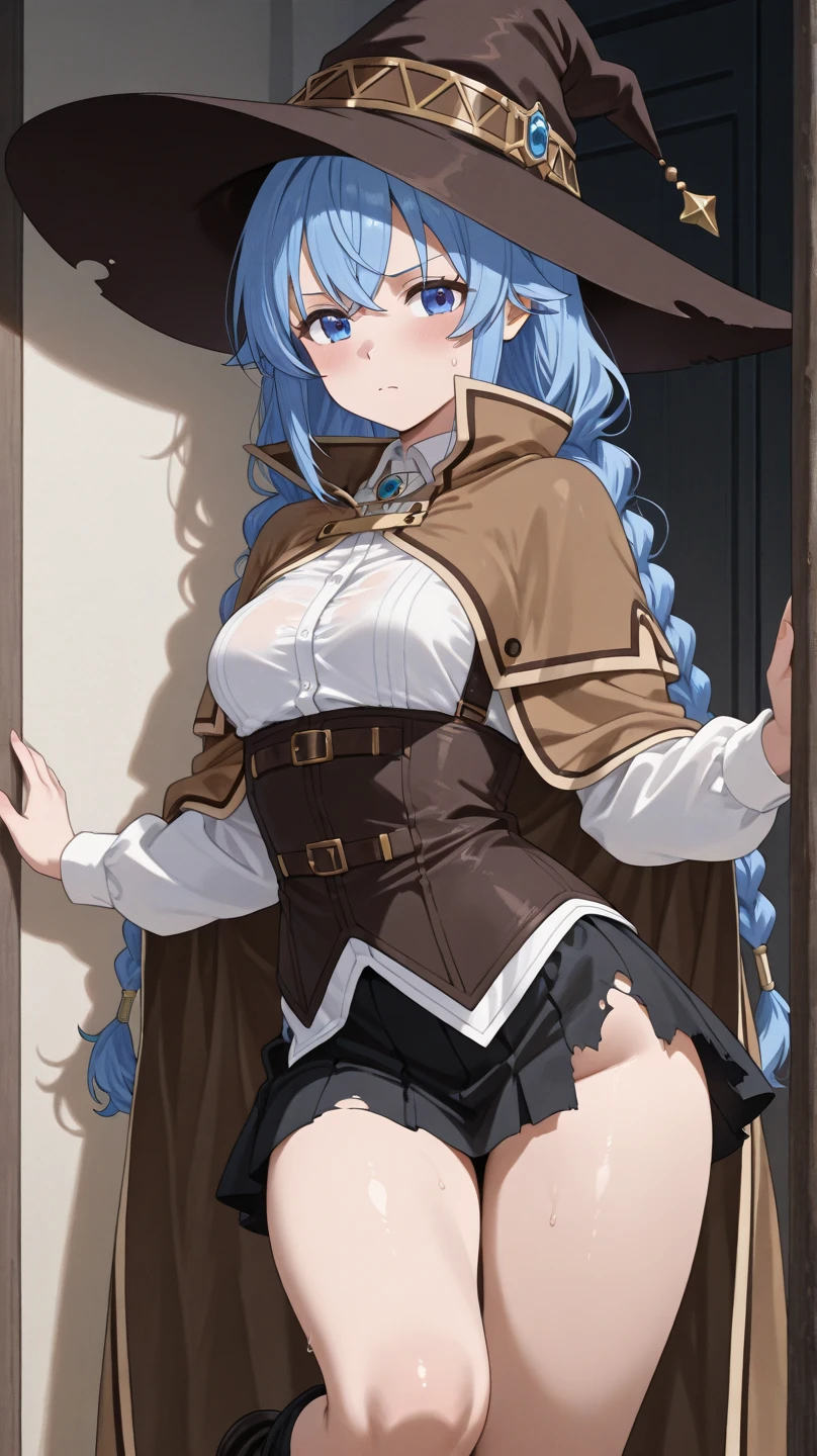 roxy migurdia, full naked, 1girl, bangs, blue eyes, blue hair, blush, braid, brown cape, brown capelet, big breasts (natural),brown headwear, cape, capelet, collared shirt, crossed bangs, dress, hair between eyes, hat, long braid, long hair, long sleeves, looking at viewer, shirt, simple background, smile, solo, tsurime, twin braids, upper body, white background, white dress, witch hat, naked boobs ((masterpiece)), naked