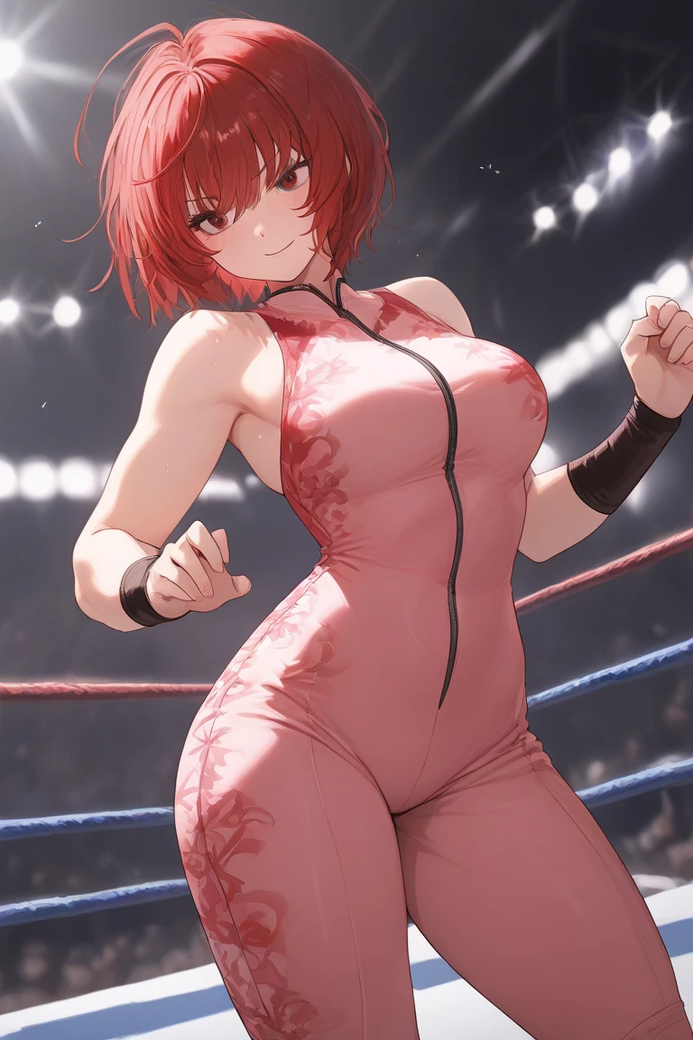 (absurdres, high fantasy artwork, best high quality image, carefuly detailed, very detailed features and textures)
{{1character: 25 years old red haired barbarian girl, (scarlet red short hair, purple eyes with black pupils, very thin lips, white skin, nice body, huge butt, medium breasts, beautiful legs, beautiful arms, (purple one-puece wrestling leotard, purple elbow pads, purple wrestler boots boots, purple knee pads), (standing firmly with a defiant pose, kind smile, sense of humor), (wrestling gym ring)}}