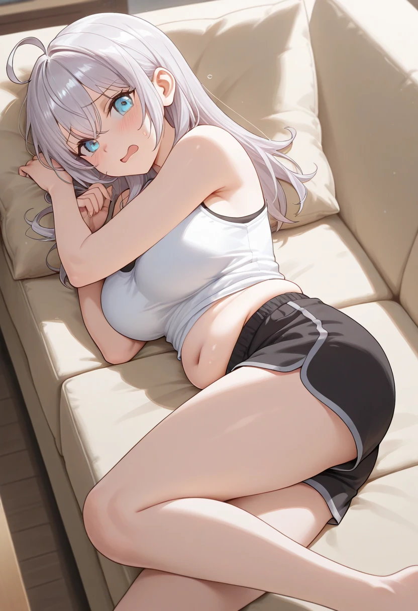 (((masterpiece))), ShizukaMikazuki, One Girl, alone, View your audience, Long Hair, Gray Hair, Long sleeve, Cleavage, Huge breasts,clavicle, Mature Body,Glamorous Body,Trained abdominal muscles,Make your face a little smaller,Make your breasts bigger,tall,Blushing,High Ponytail,Blouson, Open clothes, open Blouson, blue Blouson,nude,Black sports bra,Black hot pants, Play sports often, Choker with charm,Earrings,Belly piercing,Embarrassed expression,blue eyes,Bed with night view,look at the camera,Sweat all over,Bring your face closer to the camera,Smile gently,Cross your legs and lean slightly forward