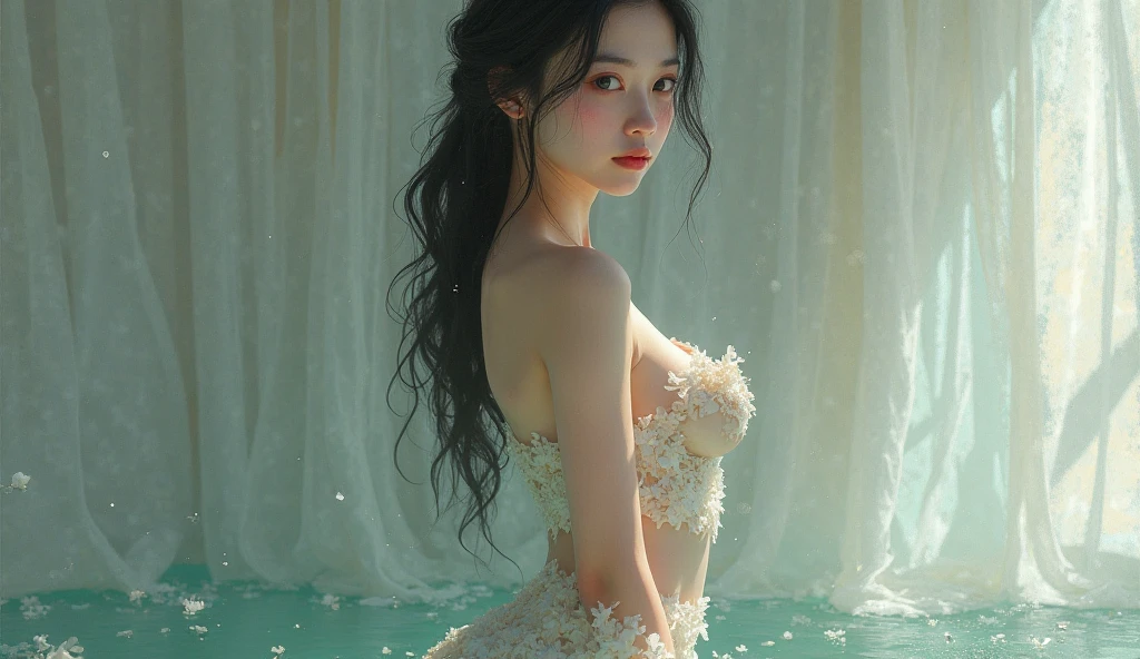 Top  Quality,1girll,Long hair,beautifull face,(She is in deep water in light blue silk lace lingerie),Solo,Flying Dress,hair blowing in the wind,hotel,vivid and real body details