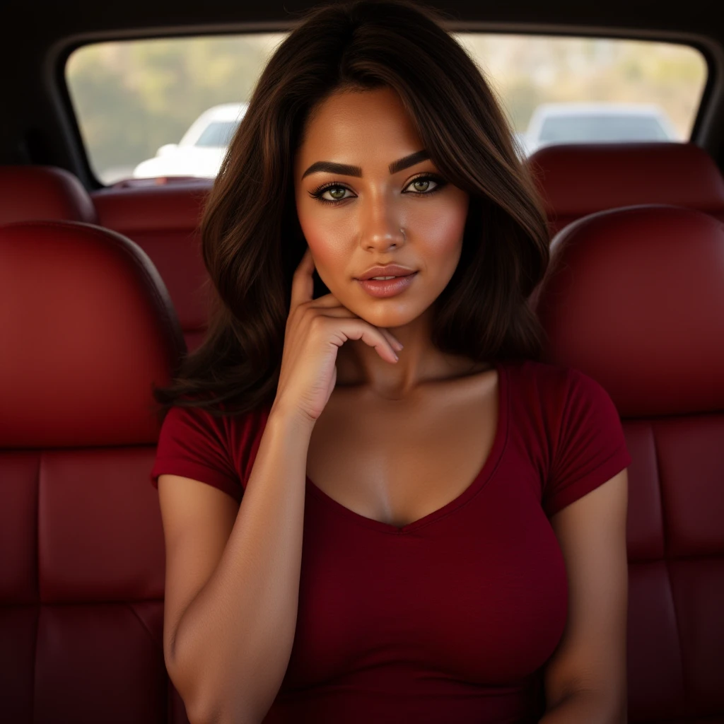 "Create an ultra-realistic image of a modern, attractive female influencer of Indian descent, aged between 27 to 30. She should have a warm and inviting smile, expressive almond-shaped eyes with a slight shimmer, and clear, glowing skin with a medium brown complexion. Her features should be well-defined, with high cheekbones and a sharp jawline. Her hair should be long, thick, and wavy, with a natural shine and bounce, styled in loose waves with a golden headband. Her hair color is a deep, reddish-purple hue that’s bold yet sophisticated. She should have a slender yet athletic build, reflecting a healthy and active lifestyle, but with an emphasis on her chest, featuring gigantic breasts (plump: 1.3). Create realistic image a 30 year old women is sitting on the Lamborghini green car with gold m1887 short gun name on the sky piyush