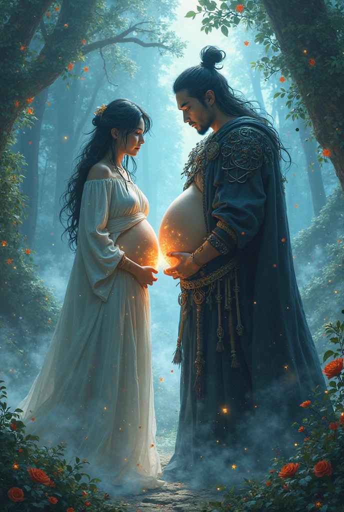 Extremely handsome man with defined body, greeneyes, wavy black hair, tanned skin with her child in the forest looking at her pregnant partner, a woman illuminated by the light of the moon goddess, strawberry blonde hair, amber eyes, holding one on her lap wearing a white dress