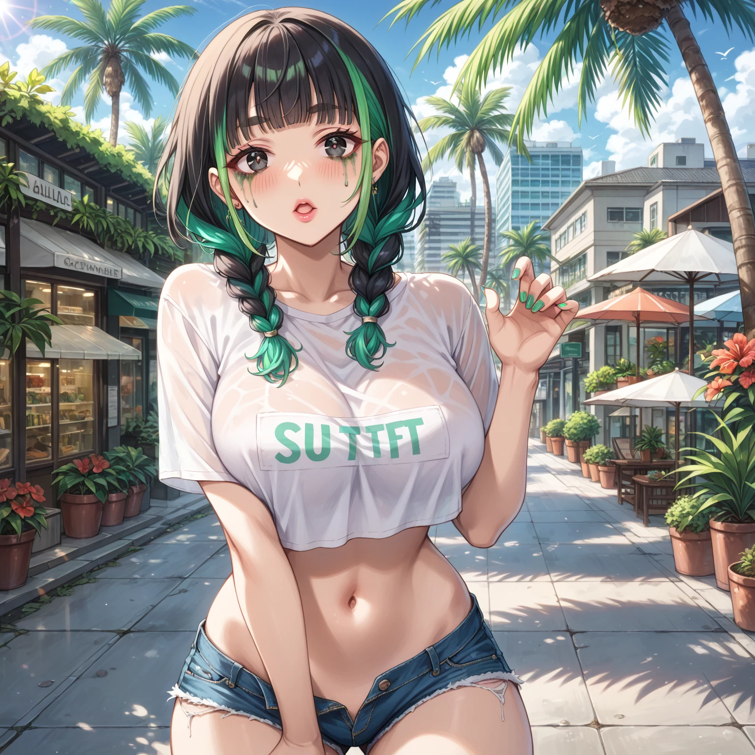 Hentai、Highest quality、smile、Cowboy Shot、Busty high school girls chatting happily on a footbridge、 over a metre、Thick legs、Clear eyes