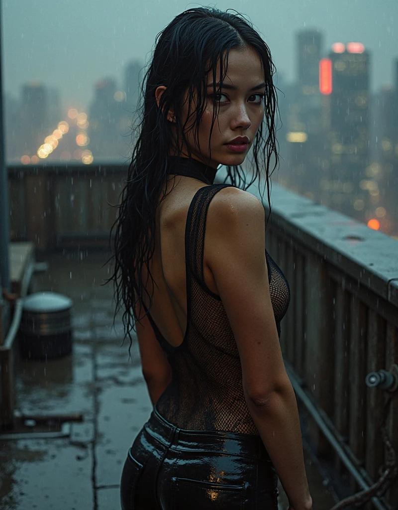 Asian,20 years old,Rainy night city,wet,34E cup,Sexy,Transparent tights,Off-shoulder,Real girl, Best lighting, Full body front view,Body facing the camera,Kneeling with legs spread out, facing the camera,Wheat-colored skin
