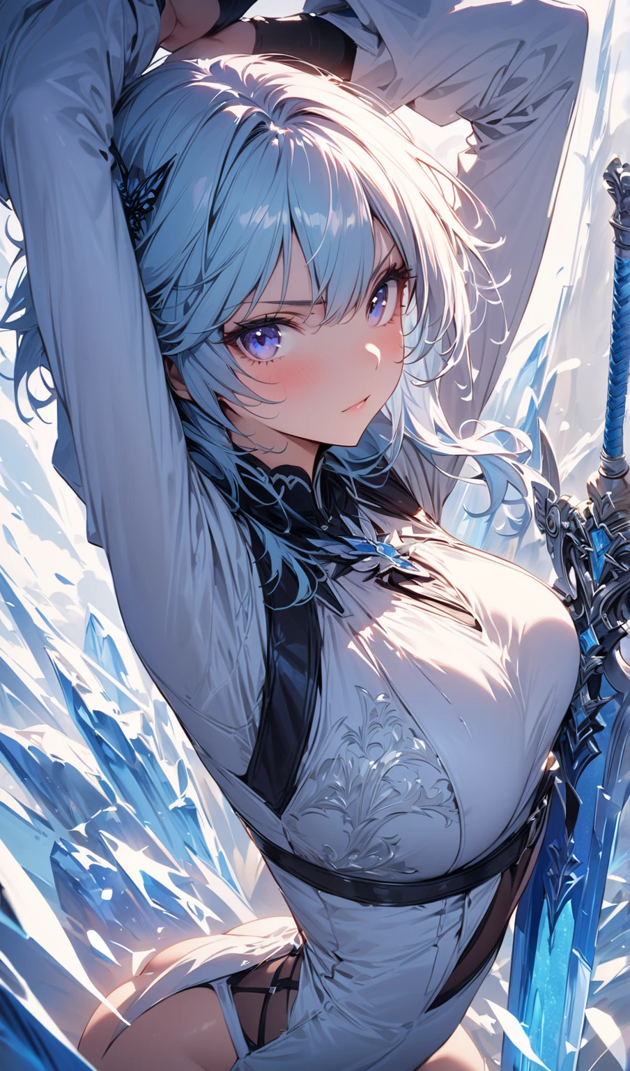 Anime style illustration, mature female character, white skin, beautiful face, short white hair, mature body, slanted eyes with light blue pupils.
