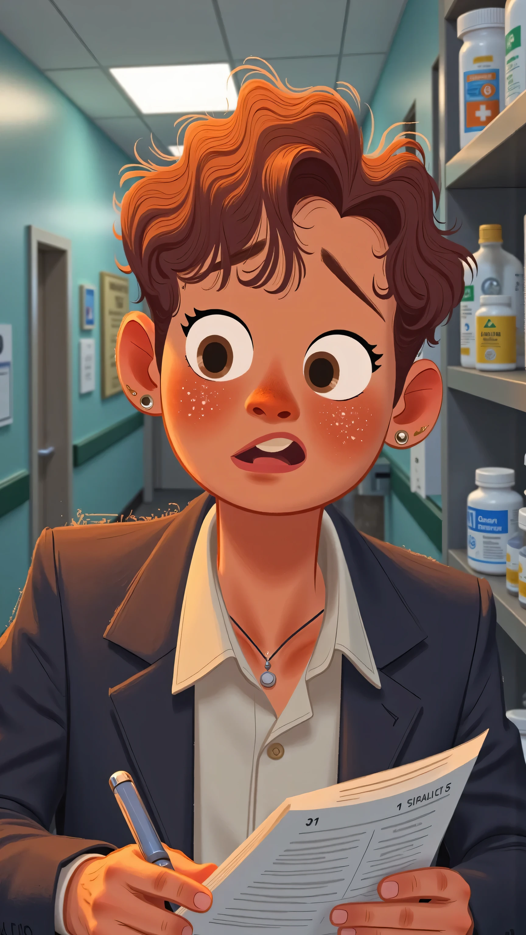 hospital hallway plot illustration:close-up,Male protagonist(short brown hair,White shirt,black suit)Serious and hectic,filling in the form at the registration desk,picking up medicine at the pharmacy window,expression focused and nervous;Soft ceiling lamp,hospital soft gray-blue tone,delicate lines,emotional narrative composition。