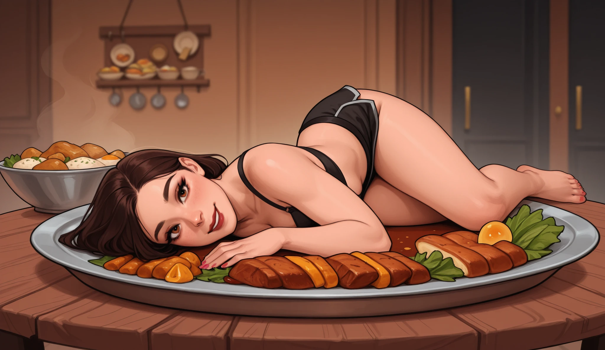 girl served up for dinner, gynophagia, lying on a large platter, side dishes, dining table, 1 roasted girl, cannibalism