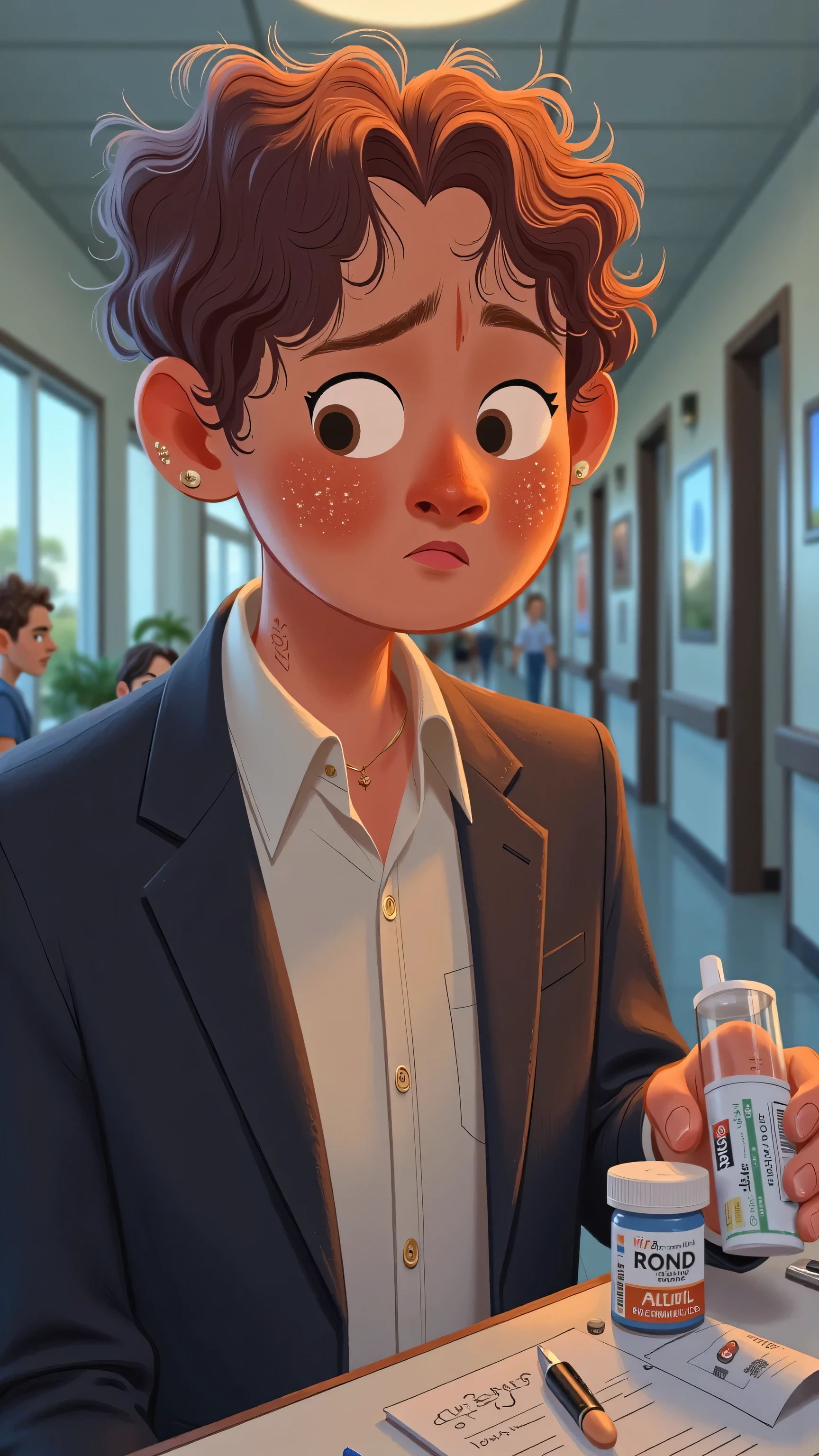 hospital hallway plot illustration:close-up,Male protagonist(short brown hair,White shirt,black suit)Serious and hectic,filling in the form at the registration desk,picking up medicine at the pharmacy window,expression focused and nervous;Soft ceiling lamp,hospital soft gray-blue tone,delicate lines,emotional narrative composition。