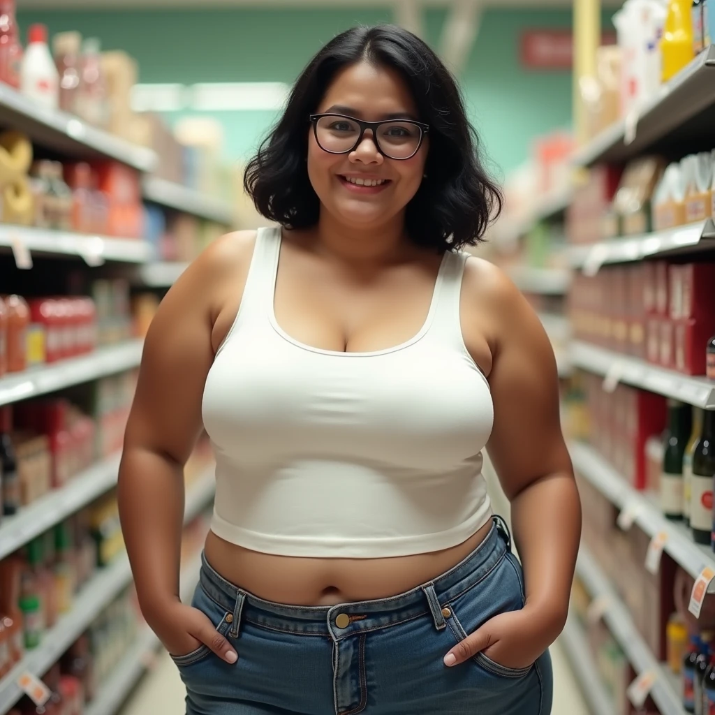 She's shirtless., she's wearing a white bra 