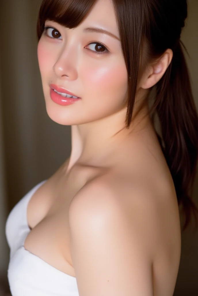 Draw a picture, (photorealistic:1.4), (hyperrealistic:1.4), (realistic:1.3), (smoother ((tropical sunset)) lighting:1.05), (increase Fujicolor quality:0.9), (absurd: 1.3), (best quality), (ultra sharp), RAW photo of (phenomenal model, 24 years old), (ultra detailed,  8K, ultra highres:1.2), realistic lighting, backlighting, light on face, ray trace, (brightening light:1.2), (Increase quality:1.4), (best quality real texture skin:1.4), finely detailed eyes, finely detailed face, finely quality eyes, BREAK (Brown) [sparkling eyes], [long eyelashes], Double eyelids, (looking at viewer), slim, well-muscled body, medium ass, very detailed hair, (( (light) brown short ((side bangs)), extremely detailed)), (Increase skin texture beauty:1.1), (light makeup, [pink lipstick], eyeliner:1.2), small diamond earrings, a gold pendant above her ((full breasts:1.3)), ((delicately dressed in airy elegant cloths)) velvety tanned skin, small mole, a gentle smile, a tempting look, (side shot),((from the Knee Up)),