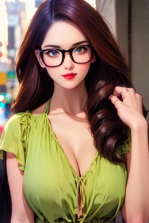 Only one european woman, 30 years old, There's an adult woman in a park, wearing Spring Dress, Glasses, Dark Hair, Red Lips, Shadow eye, Slutty Makeup, Ponytails, beautiful chest, Big boobs, Clivage, Second life avatar, Beautiful screenshot, Second life, Front view, seductive woman, high quality, Very detailed skin,